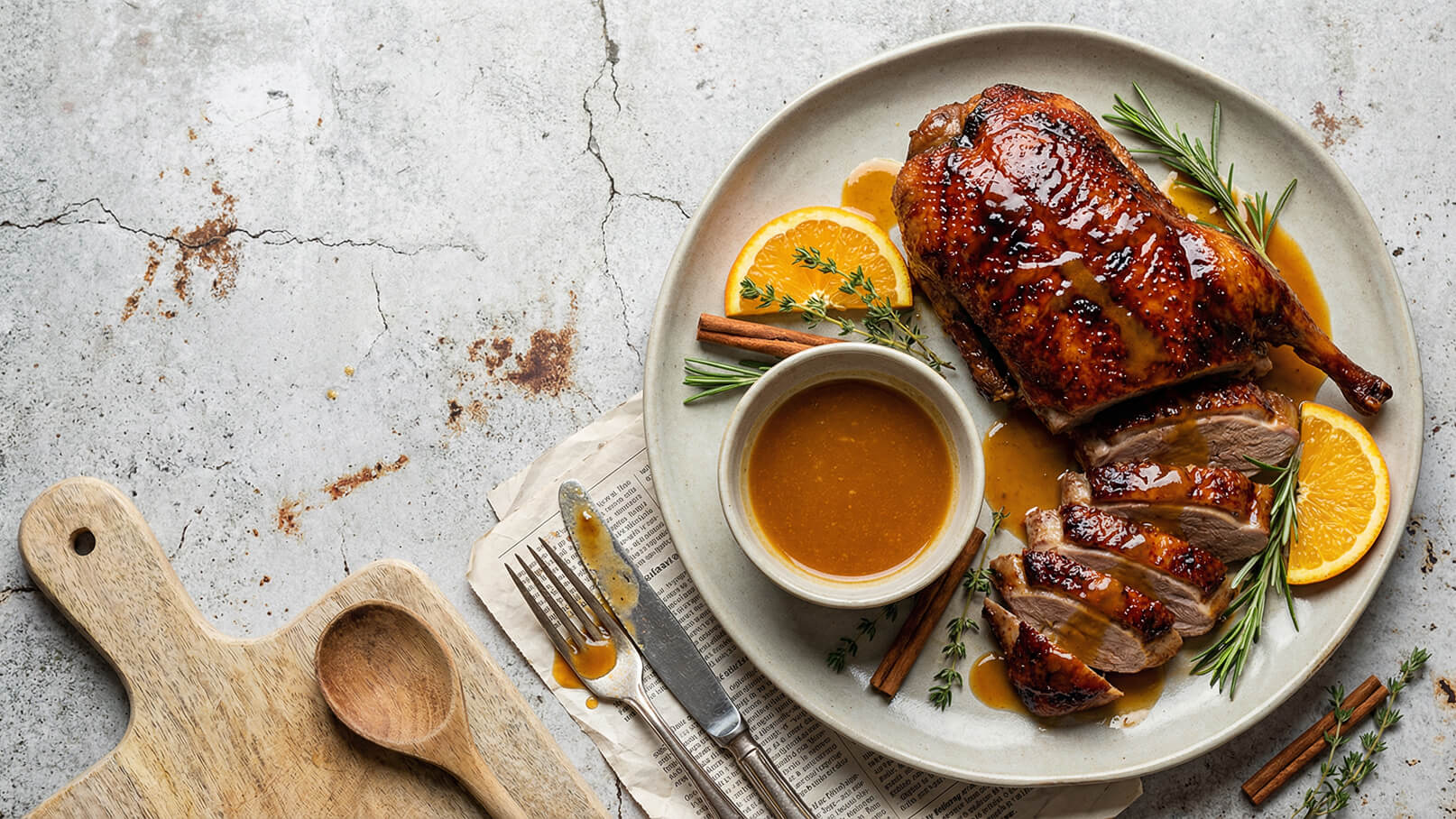 Ein Teller mit einer knusprig gebratenen Ente, die in Scheiben geschnitten ist, liegt auf einem rustikalen Untergrund. Neben der Ente befinden sich Orangenscheiben, frische Kräuter und eine kleine Schüssel mit Soße. Zimtstangen ergänzen die Präsentation des Gerichts.
