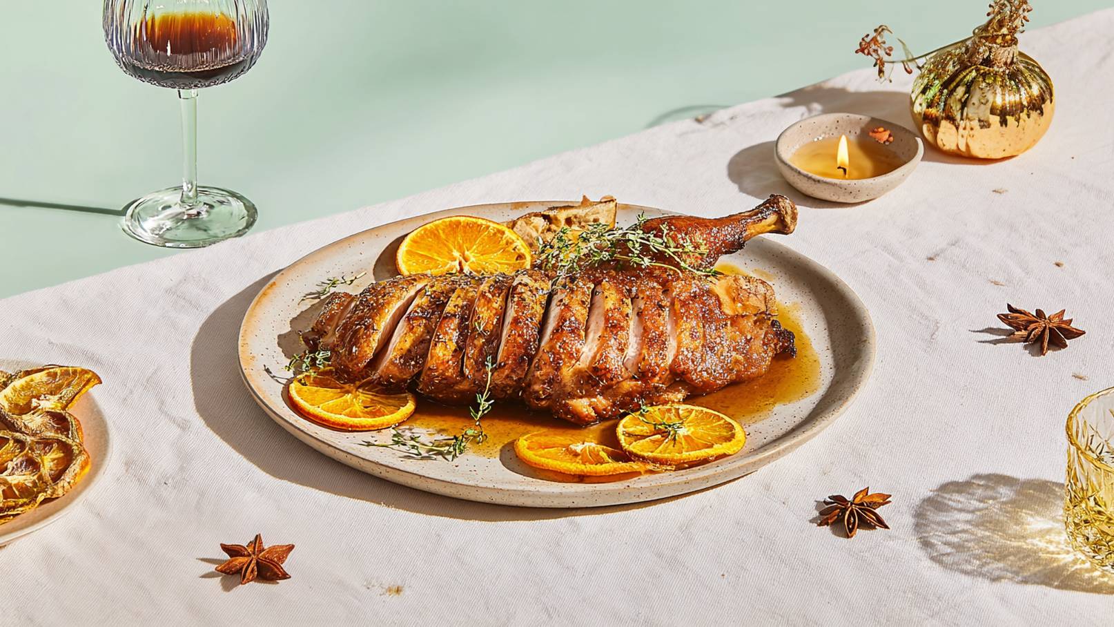 Ein gebratenes Stück Ente liegt auf einem flachen Teller, garniert mit frischen Thymianzweigen und Orangenscheiben. Der Hintergrund ist hell, und es gibt eine Glaskaraffe sowie eine Kerze in einer kleinen Schale. Die Gesamtstimmung ist festlich und einladend.