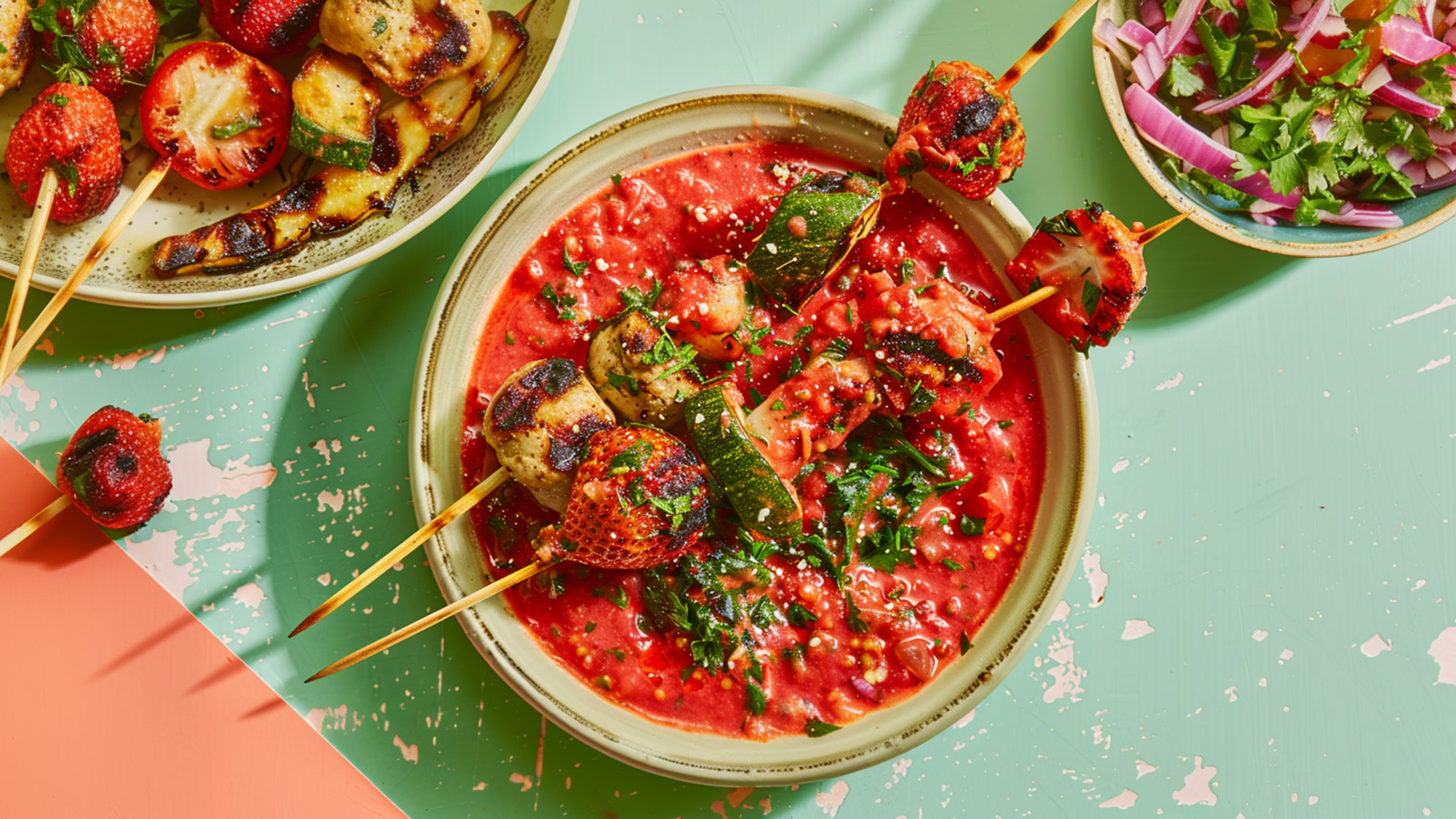 Ein Teller mit einer roten Tomatensauce, in der gegrillte Spieße mit Gemüse und Erdbeeren serviert werden. Daneben befindet sich eine Schüssel mit frischem Salat, der Zwiebeln und Kräutern enthält. Die Anrichtung bietet eine appetitliche und farbenfrohe Präsentation der Speisen.
