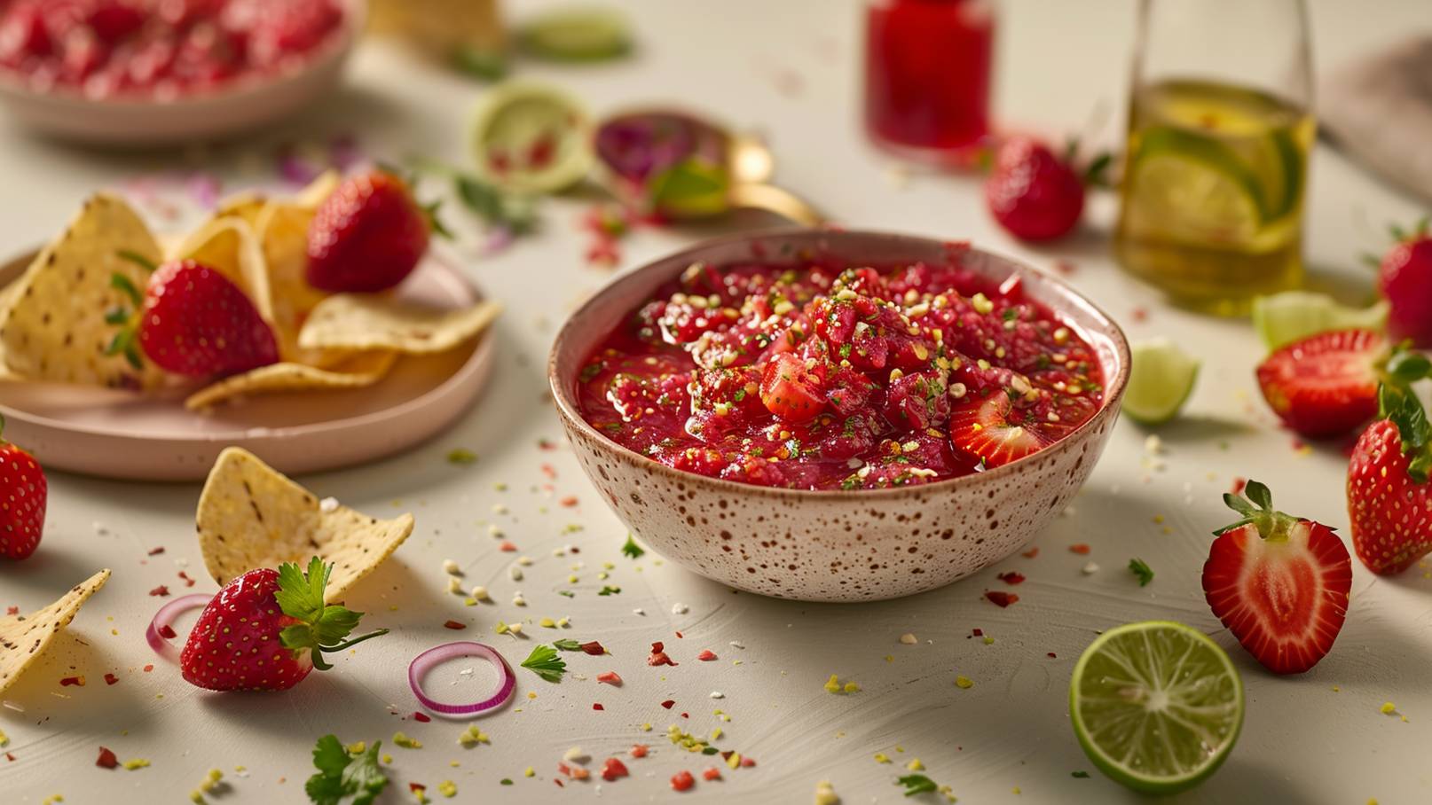 Eine Schüssel mit frischer, gehackter Erdbeersalsa, die Stücke von Erdbeeren und weißen Früchten enthält, garniert mit einem Minzblatt. Im Hintergrund sind einige ganze Erdbeeren und grüne Blätter zu sehen.
