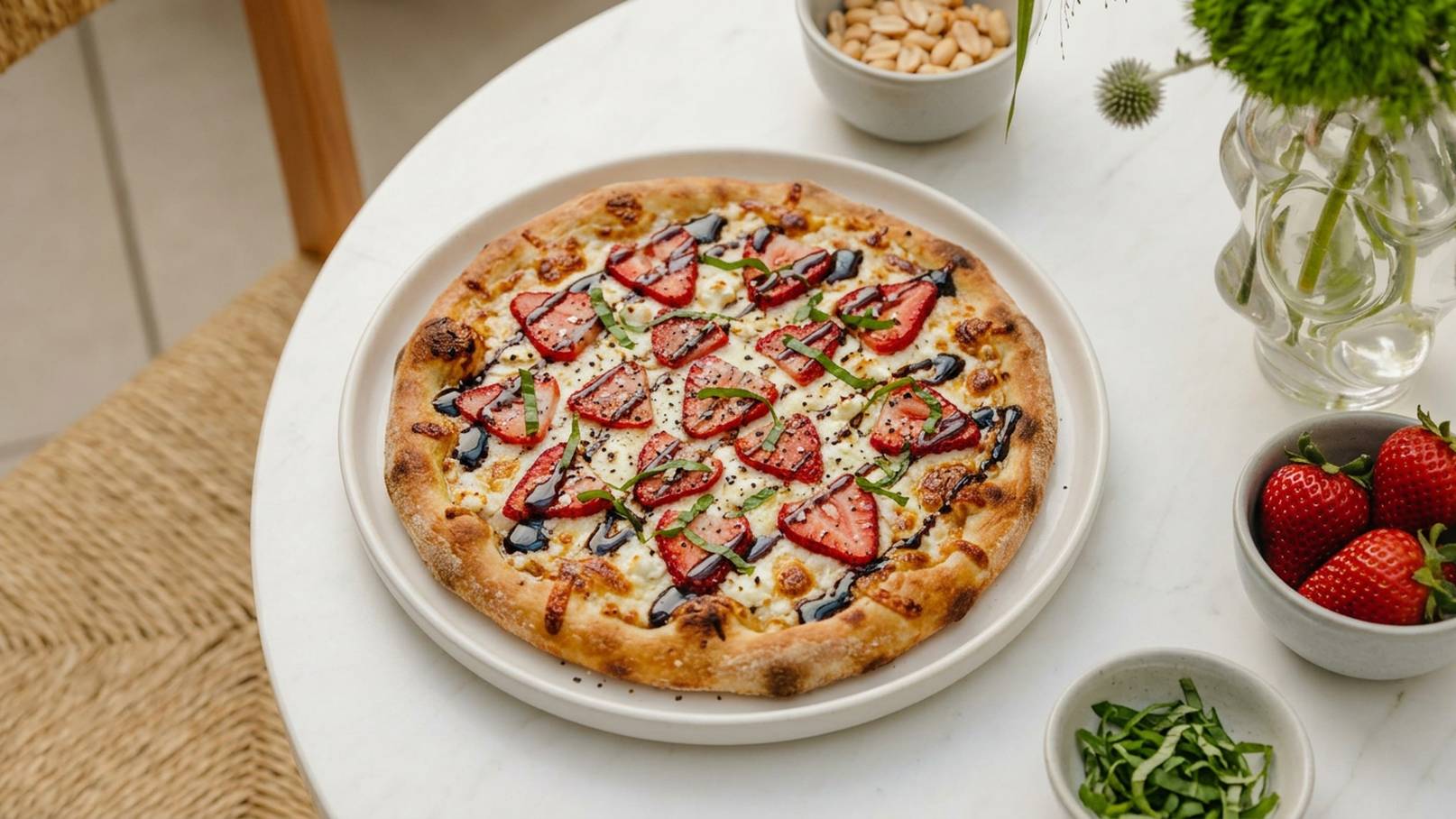 Eine frisch gebackene Pizza auf einem weißen Teller, belegt mit frischen Erdbeeren, Frischkäse und etwas Basilikum. Daneben befinden sich Schalen mit Erdnüssen, Kirschen und geschnittenem Basilikum. Der Tisch hat eine natürliche, helle Atmosphäre.