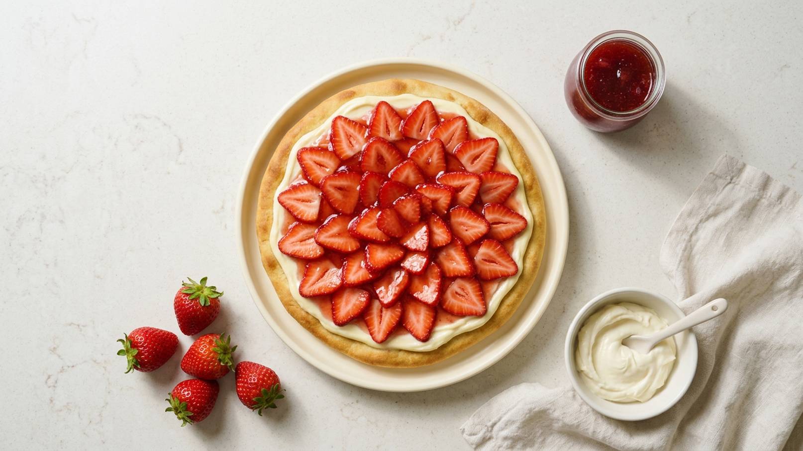 Ein runder Erdbeerkuchen mit einer dekorativen Schicht aus frischen Erdbeeren auf einer cremigen Füllung. Daneben liegen einige Erdbeeren, eine Schale mit Sahne und ein Glas Erdbeermarmelade. Der Kuchen wird auf einem hellen Teller serviert.