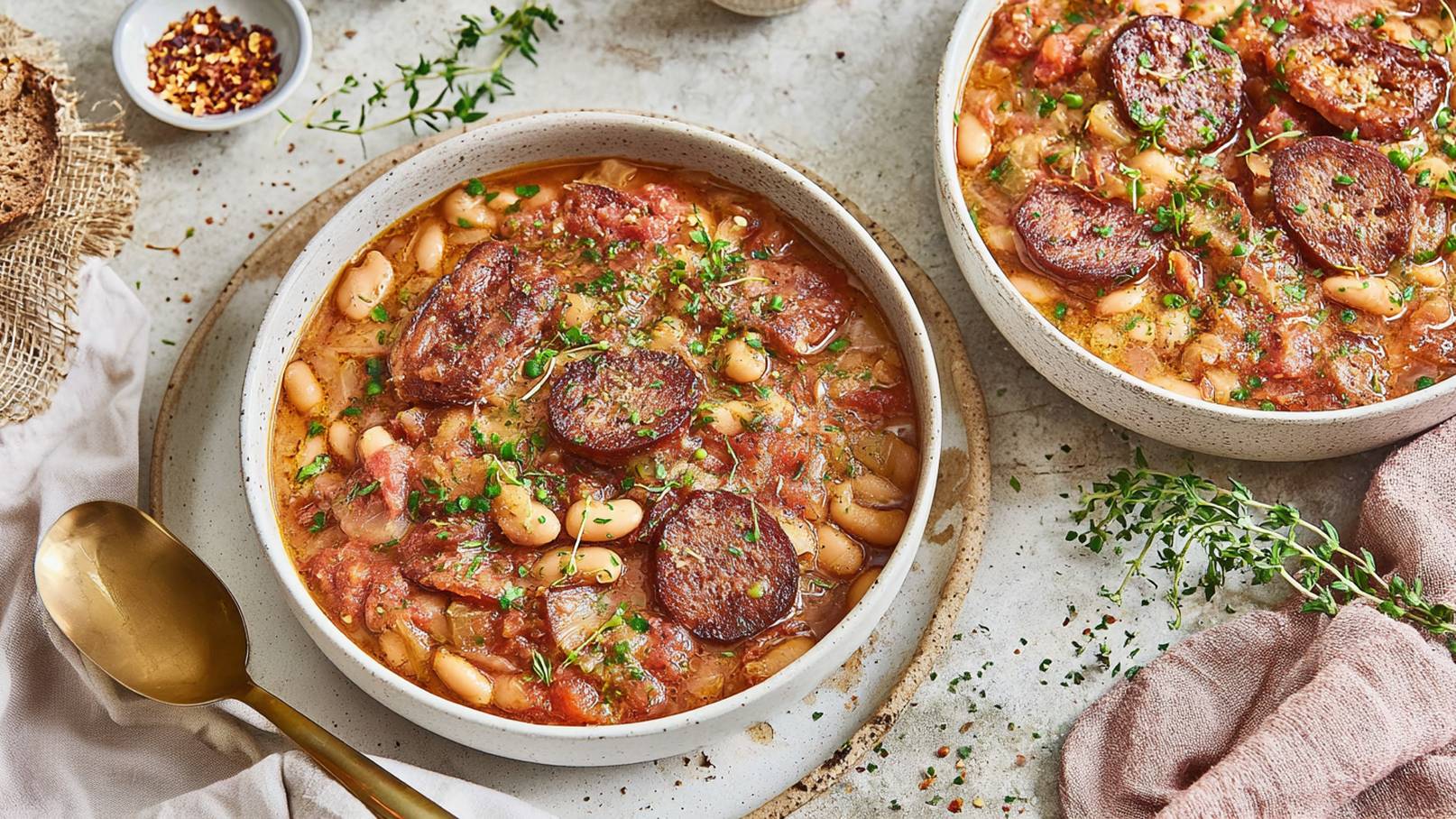 Eine Schüssel mit weißen Bohnen in einer reichhaltigen, tomatigen Brühe, angereichert mit Fleischstücken und Gewürzen. Neben der Schüssel liegen zwei Scheiben Brot und ein Glas Wein. Der Tisch hat eine marmorierte Oberfläche.