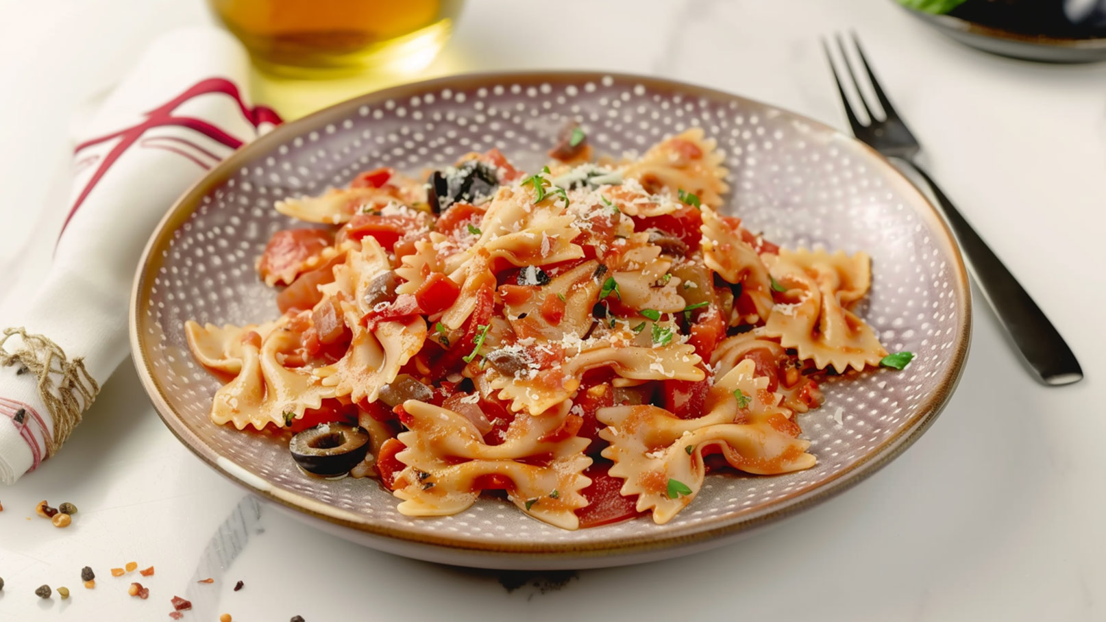 Ein Teller mit Farfalle-Nudeln in einer roten Tomatensauce, garniert mit schwarzen Oliven und frischen Kräutern. Ein Hauch von geriebenem Käse verleiht dem Gericht eine cremige Note. Ein Besteck liegt bereit, um das appetitliche Gericht zu genießen.