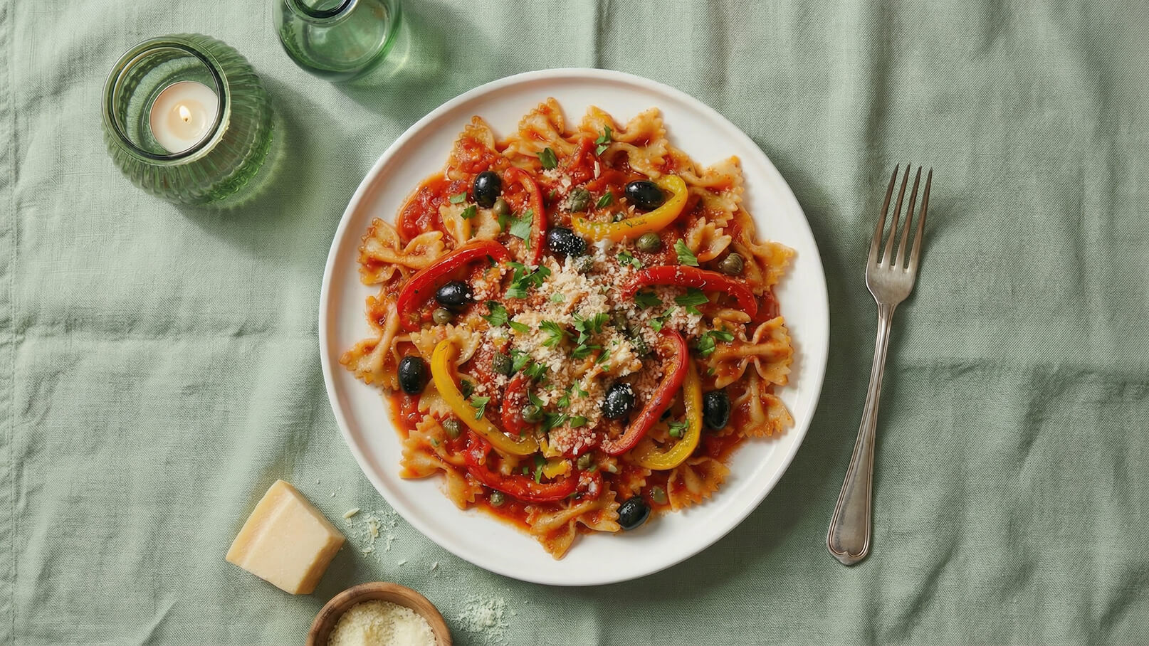 Ein Teller mit farbenfrohen Farfalle-Pasta in Tomatensauce, garniert mit roten und gelben Paprika, schwarzen Oliven und frischer Petersilie. Neben dem Teller liegen ein Stück Käse und ein kleiner Behälter mit geriebenem Käse sowie eine Gabel. Der Hintergrund ist grün.