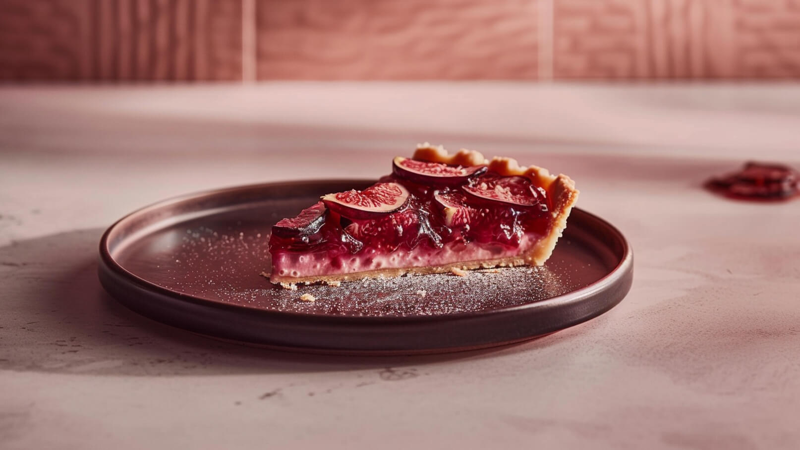 Ein Stück Feigenkuchen auf einem runden Teller, mit glänzender Fruchtglasur und frischen Feigenscheiben obenauf. Der Kuchen hat eine goldbraune Krumenbasis und ist leicht mit Puderzucker bestäubt. Der Hintergrund ist unscharf und in sanften Farbtönen gehalten.