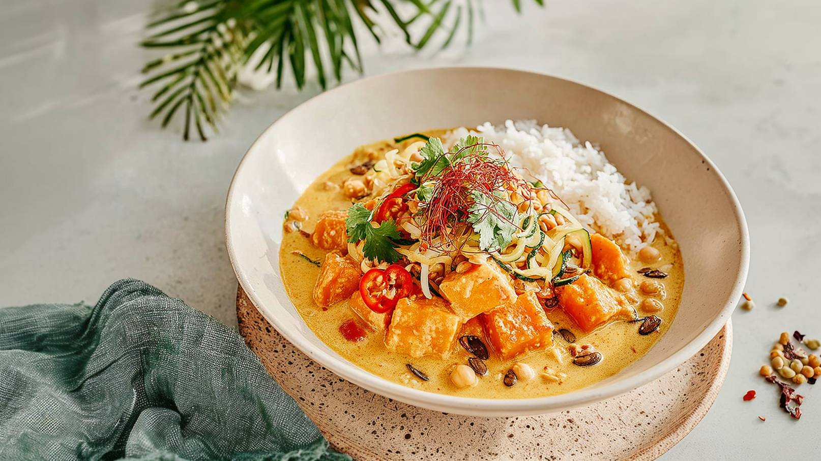 Eine Schüssel mit aromatischem Curry, das Würfel aus Kürbis, zarten Nudeln und frischen Kräutern enthält. Neben dem Curry liegt eine Portion dampfender Reis. Das Gericht ist garnierend mit roten Chilistücken und dekorativen Kräutern, was eine appetitliche Präsentation ergibt.