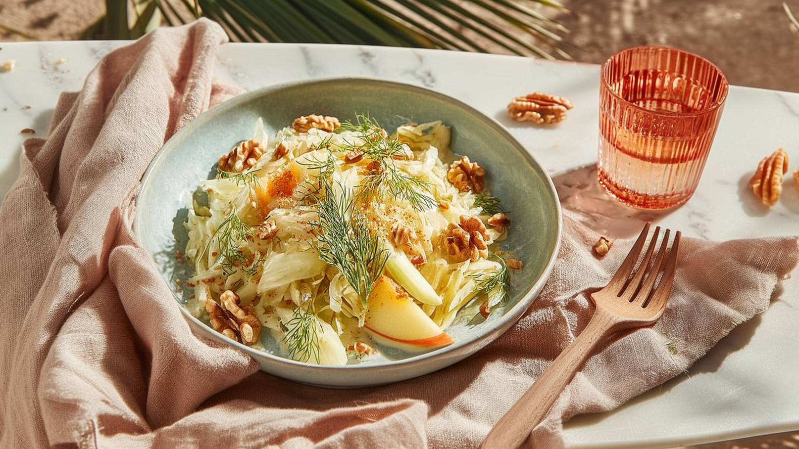 Ein Teller mit frischem Salat aus Kohl, Äpfeln und Walnüssen, garniert mit Dill und einer Prise Gewürz. Der Salat liegt auf einem hellen Tisch, begleitet von einer Holzgabel und einem dekorativen Glas. Um den Teller sind einige Walnüsse verstreut.