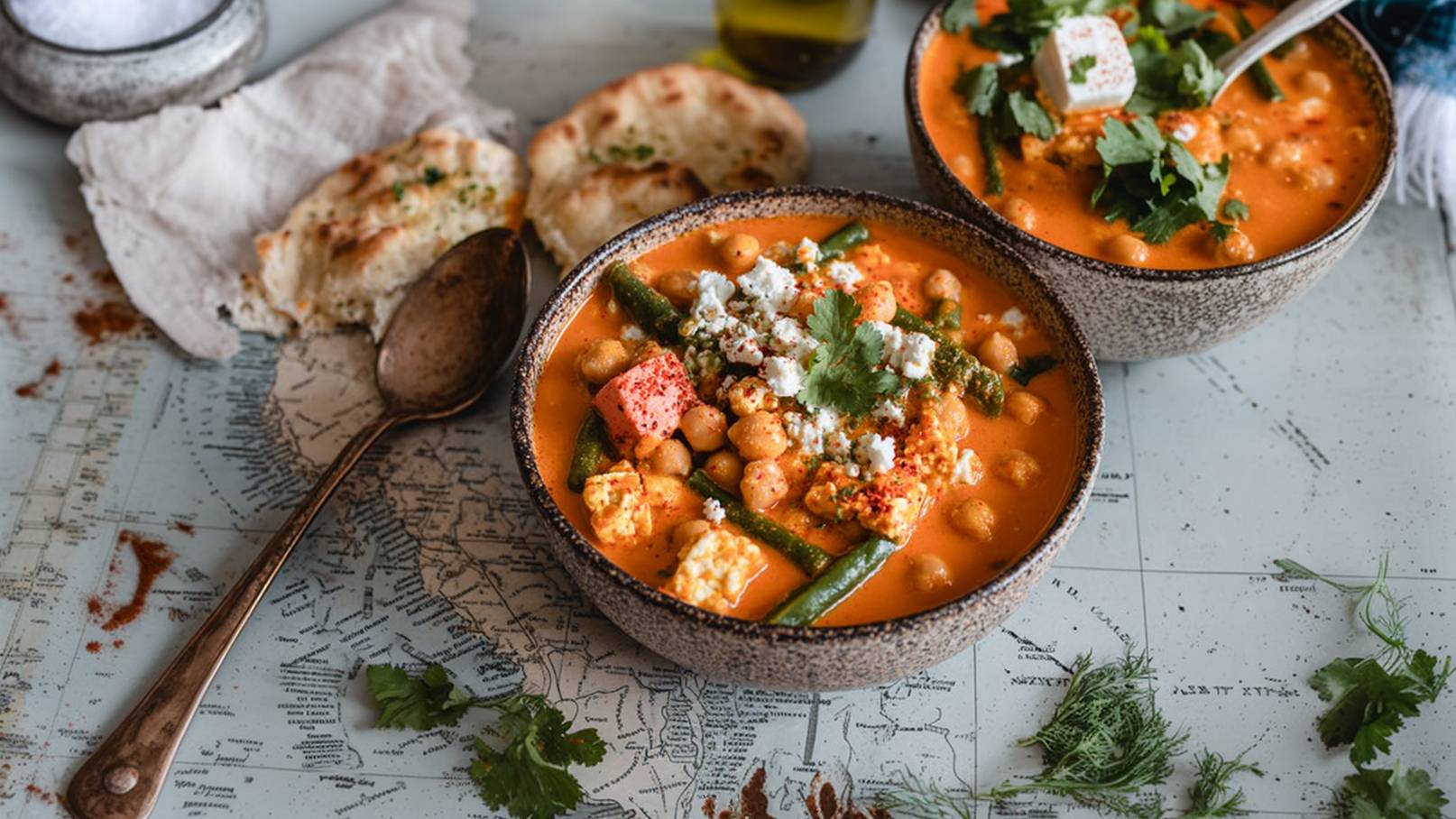 Zwei Schalen mit einer cremigen, orangefarbenen Suppe, gefüllt mit Kichererbsen, grünen Bohnen, Feta-Käse und frischen Kräutern. Daneben liegt ein Stück Brot und ein Löffel. Der Hintergrund zeigt eine Karte, die den rustikalen Stil des Arrangements ergänzt.