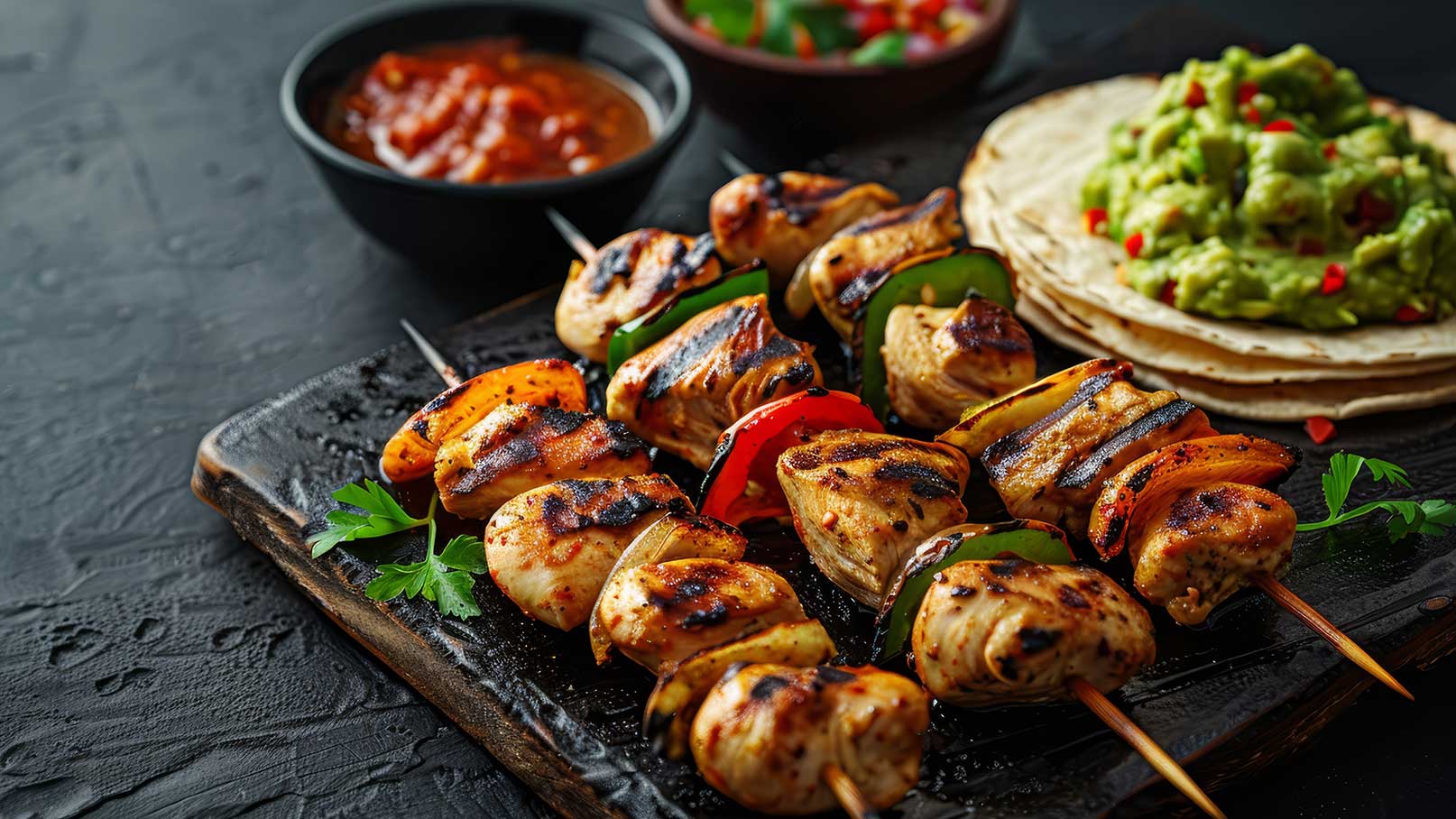 Auf einem schwarzen Holzbrett liegen gegrillte Spieße mit mariniertem Hühnchen und buntem Gemüse. Daneben befinden sich Schalen mit Salsa und Guacamole sowie Tortillas. Die Speisen sind appetitlich angerichtet und suggerieren ein köstliches Grillmahl.