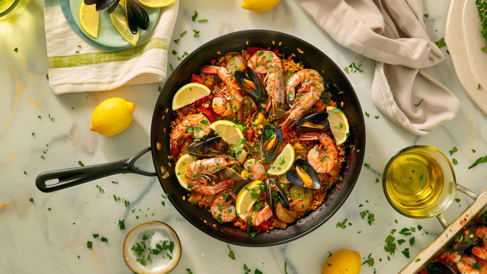 Eine große Paella-Pfanne ist gefüllt mit buntem Reis, Garnelen und Muscheln, garniert mit Zitronenscheiben und frischer Petersilie. Um die Pfanne liegen einige Zitronen und ein Glas Olivenöl. Der Hintergrund ist hell und einladend.