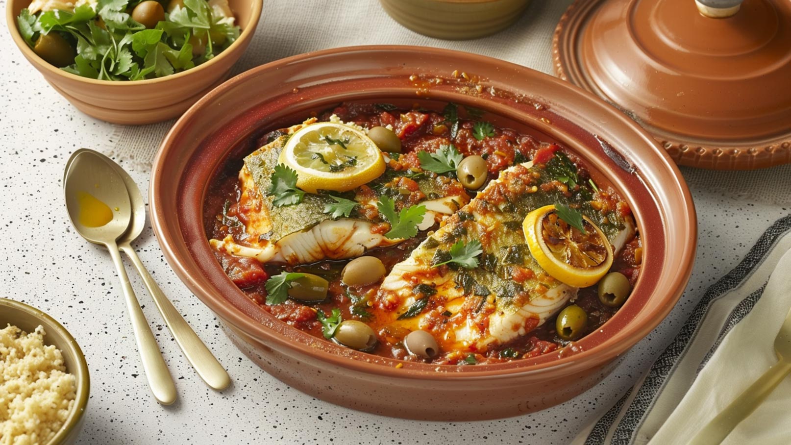 Ein Teller mit Fischfilets, garniert mit Zitronenscheiben und Koriander, liegt in einer tomatigen Soße, umgeben von Oliven. Neben dem Teller befindet sich eine Schüssel mit frischem Salat und ein Behälter mit Couscous. Elegante Löffel liegen bereit.