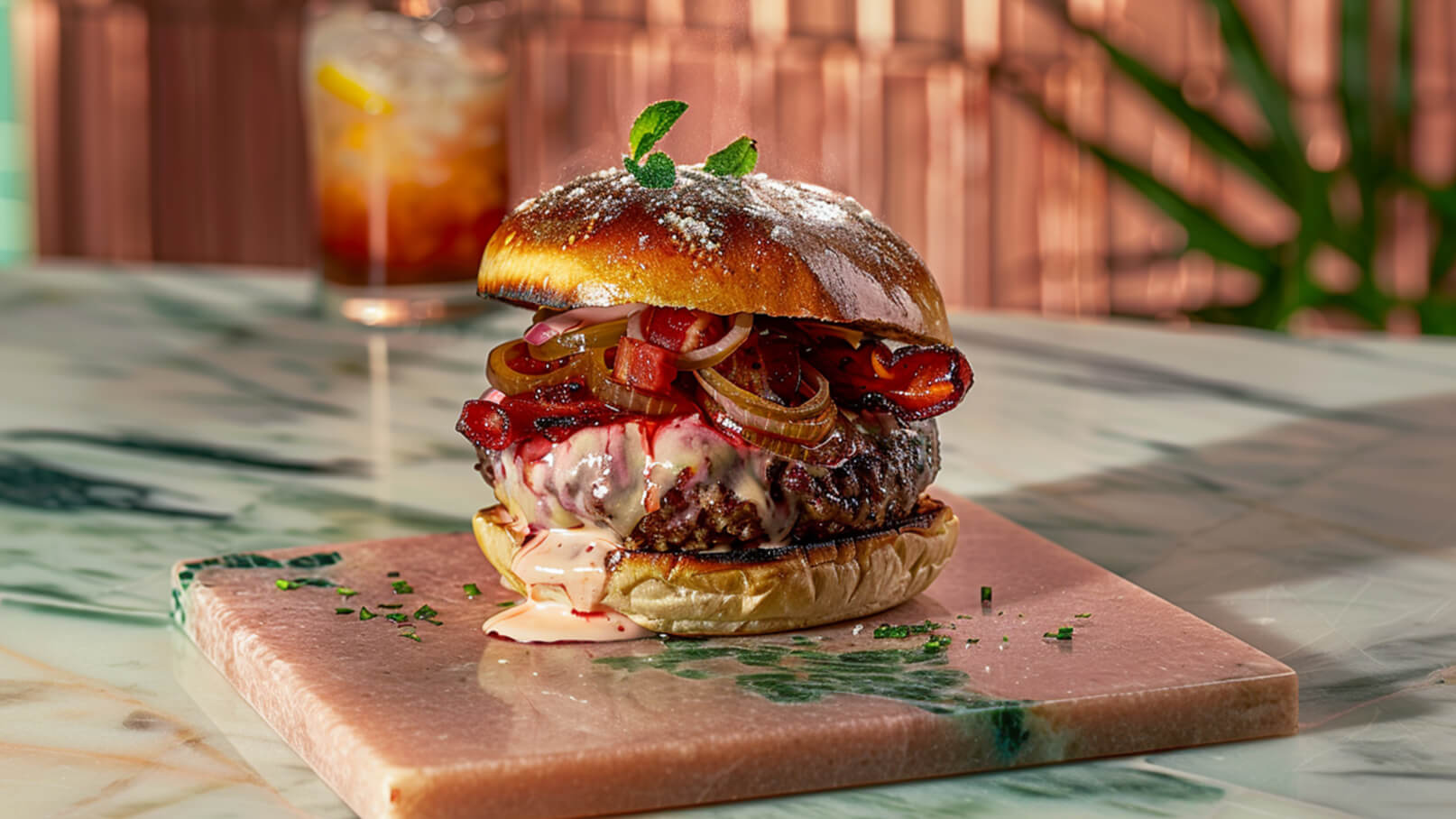 Ein saftiger Burger mit geschmolzenem Käse, karamellisierten Zwiebeln und roten Paprikastücken, auf einem weichen Brötchen. Der Burger liegt auf einem Marmoruntergrund, umgeben von feinen Kräutern. Im Hintergrund ist ein Getränk in einem Glas zu sehen.
