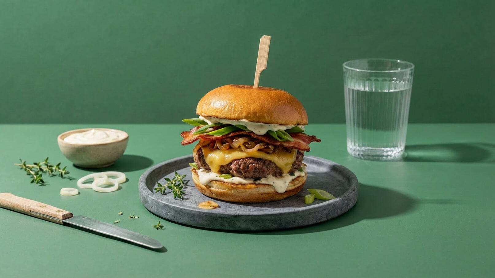 Ein saftiger Burger mit einem goldbraunen Brötchen, belegt mit geschmolzenem Käse, knusprigem Speck, Zwiebeln und frischen Kräutern. Neben dem Burger befindet sich eine Schale mit Dip und ein Glas Wasser. Der Hintergrund ist grün.