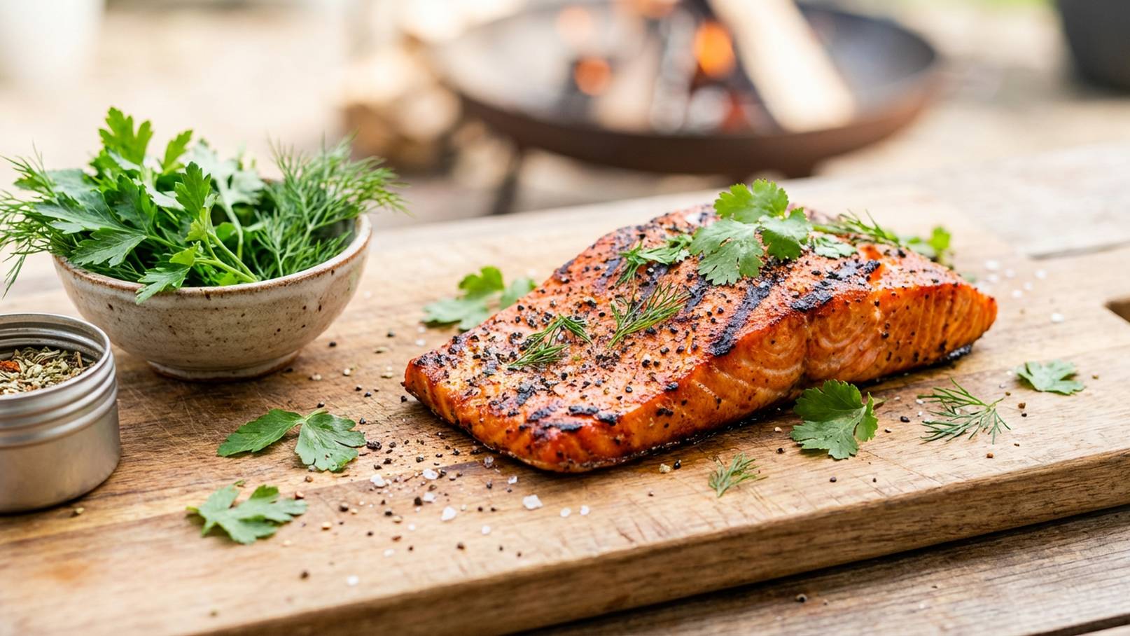 Gegrilltes Lachsfilet liegt auf einem Holzbrett, garniert mit frischen Kräutern wie Koriander und Dill. Im Hintergrund ist eine Schüssel mit weiteren Kräutern und eine Gewürzdose zu sehen. Das Bild vermittelt eine einladende Atmosphäre für das Kochen im Freien.