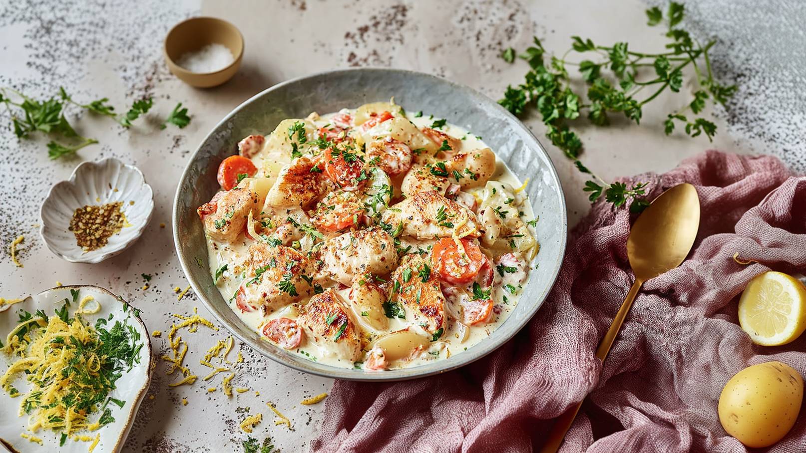 Schüssel mit herzhaftem Eintopf aus Fleisch, Karotten, Zwiebeln und kleinen Kartoffeln, garniert mit frischer Petersilie. Neben der Schüssel liegt frisch gebackenes Brot. Der Eintopf zeigt eine cremige, bräunliche Brühe.