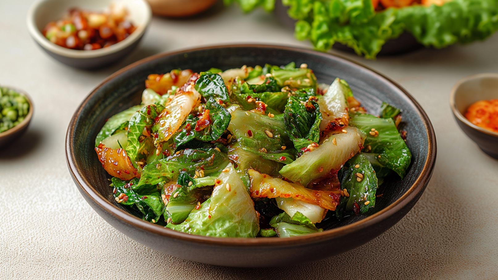 Eine Schüssel mit frisch zubereitetem, gewürztem Gemüse, hauptsächlich aus Blattsalat, garniert mit Sesam. Die bunten Farben und die glatte Textur des Gemüses machen das Gericht appetitlich und ansprechend. Im Hintergrund sind kleine Schalen mit weiteren Zutaten sichtbar.