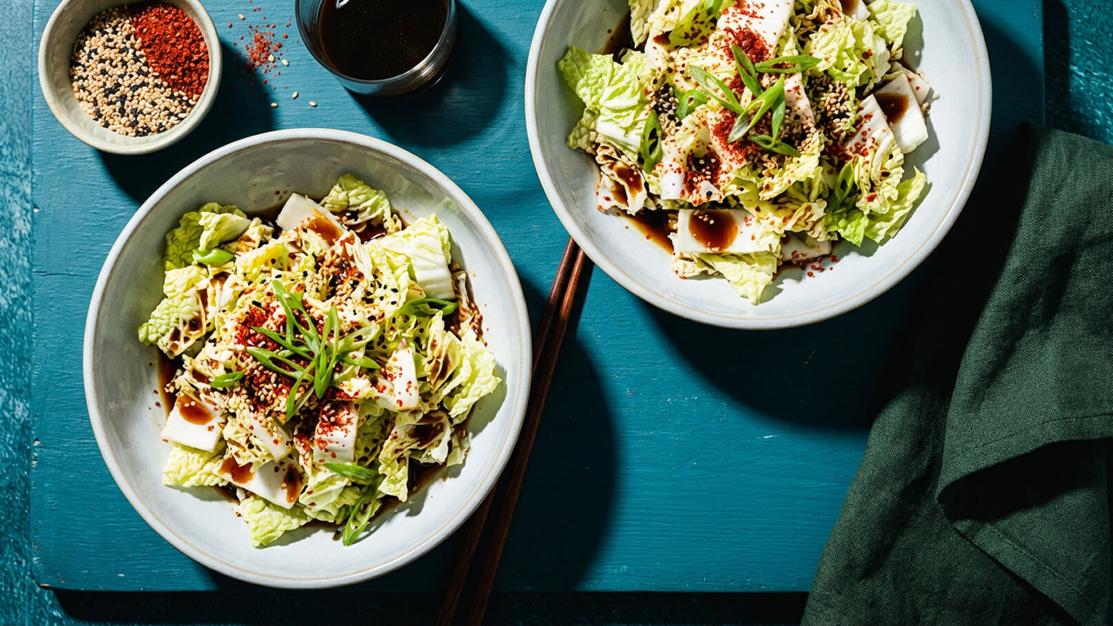 Zwei Schalen mit Salat sind auf einem blauen Tisch angeordnet. Der Salat besteht aus geschnittenem Kohl, Tofu und Schnittlauch, garniert mit Sesamsamen und Gewürzen. Daneben steht eine kleine Schüssel mit Gewürzen und eine Flasche dunkler Sosse.