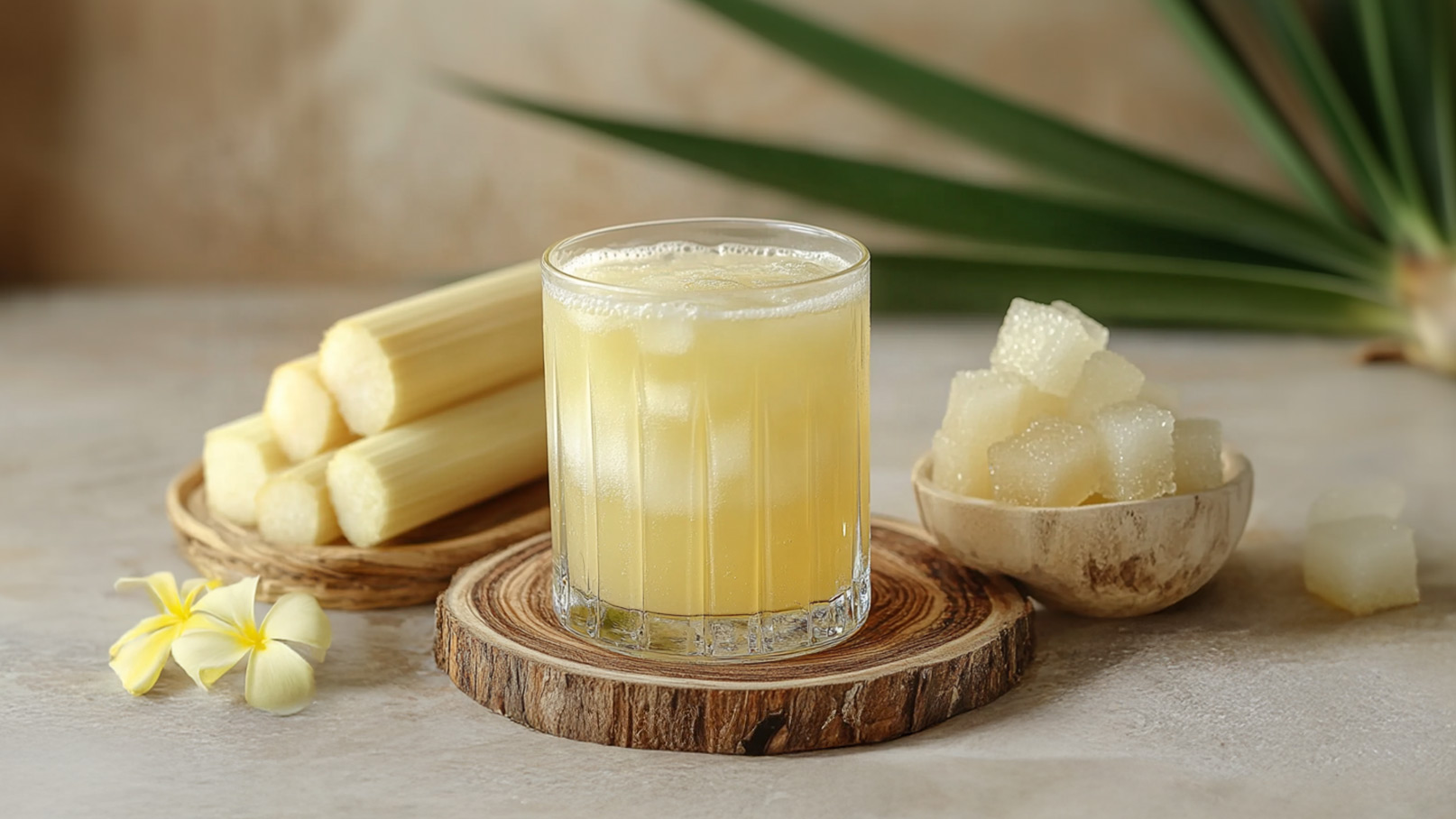 Ein Glas mit einem gelben, eisgekühlten Getränk steht auf einer Holzplatte. Daneben liegen einige Zuckerrohr-Stücke und ein Schälchen mit zuckerartigen Würfeln. Im Vordergrund sind gelbe Blüten zu sehen, die das Bild ergänzen.
