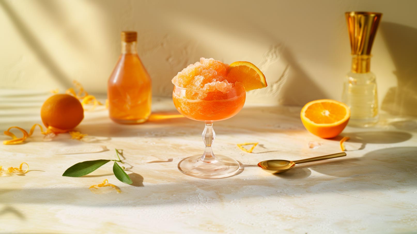 Ein transparentes Glas enthält eine Portion geriebene Eiscreme in orangener Farbe, garniert mit einer Orangenscheibe. Im Hintergrund sind eine Orange, eine Flasche mit einer orangefarbenen Flüssigkeit und eine kleine, goldene Löffel zu sehen.