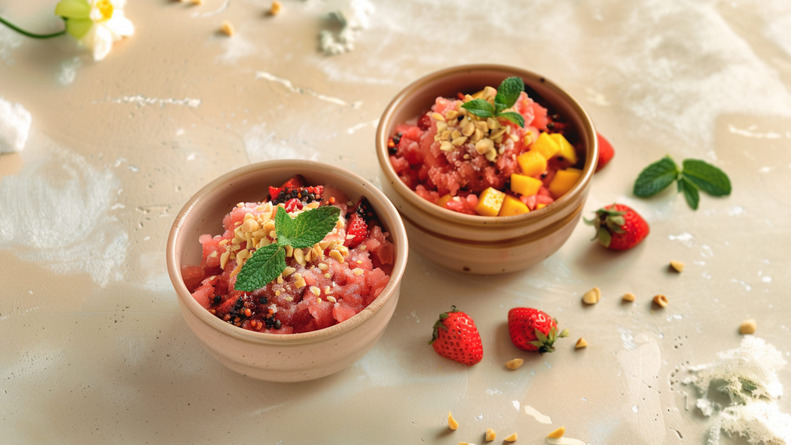 Zwei Schalen mit fruchtigem Sorbet, eine mit Erdbeeren und die andere mit Mango. Beide sind mit gehackten Nüssen und frischen Minzblättern garniert. Um die Schalen herum liegen frische Erdbeeren und einige Nüsse auf dem Untergrund.