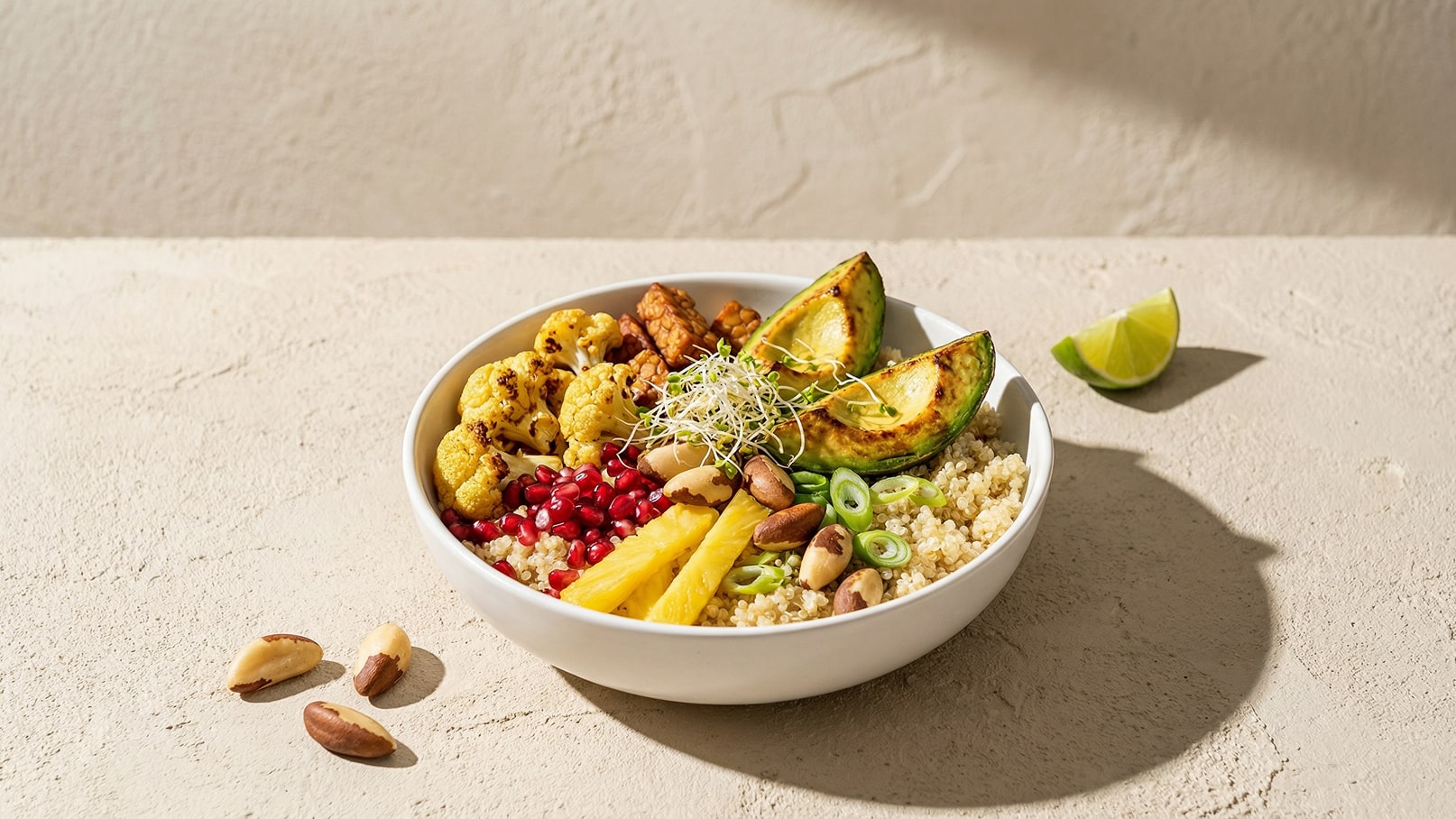 Eine Schüssel mit einer bunte Mischung aus Quinoa, gebratenem Blumenkohl, Avocado, Ananas, Granatapfelkernen, Tempeh, Sprossen, Mandeln und Frühlingszwiebeln. Dazu liegt ein Stück Limette auf dem Tisch.