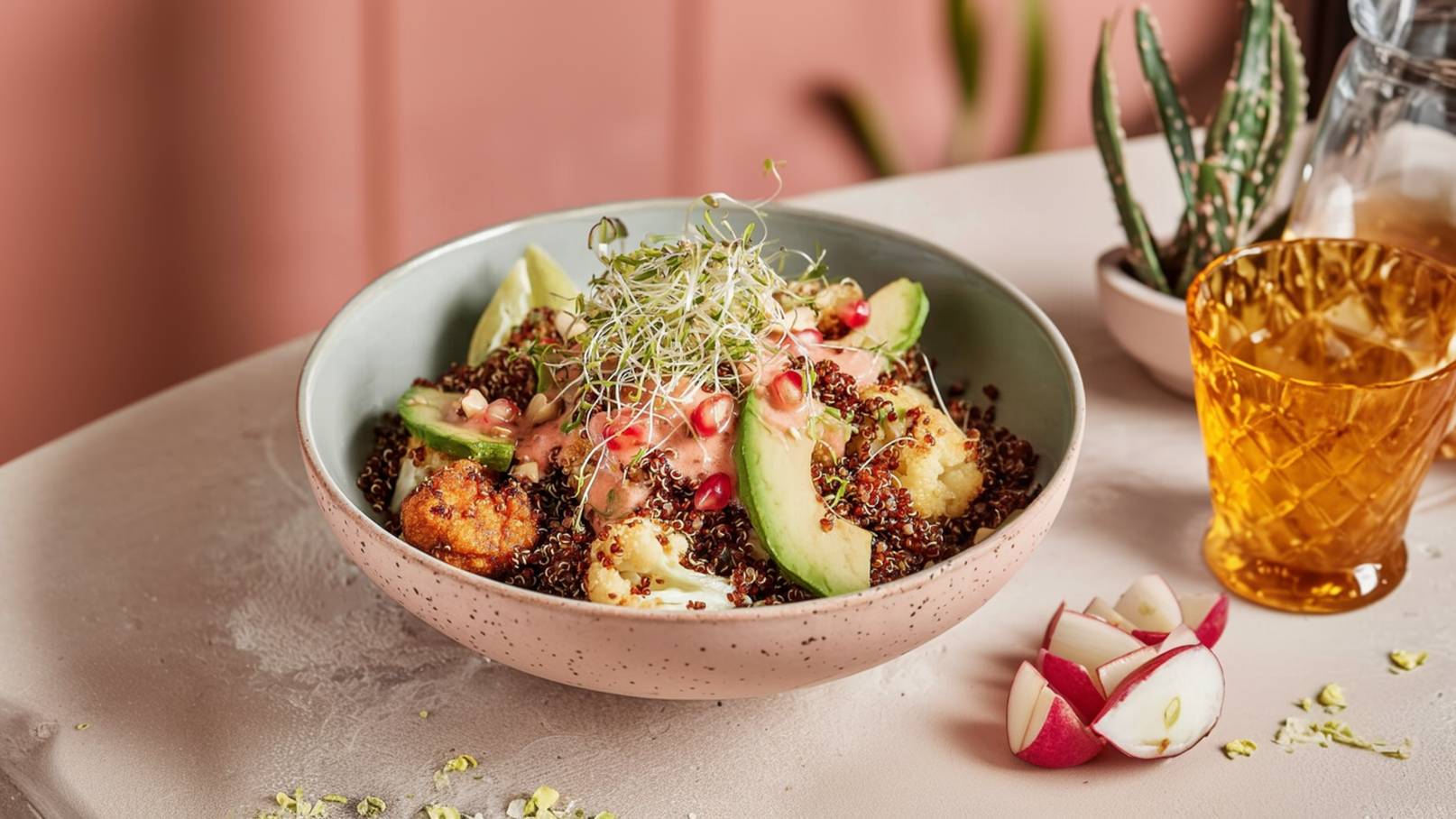 Eine Schüssel mit Quinoa, garniert mit Avocadoscheiben, Blumenkohl, Sprossen und einem leichten Dressing. Der Gericht ist ansprechend und farbenfroh, mit frischen Zutaten und einem Hauch von Granatapfelkernen. Im Hintergrund sind sanfte, neutrale Farben zu sehen.