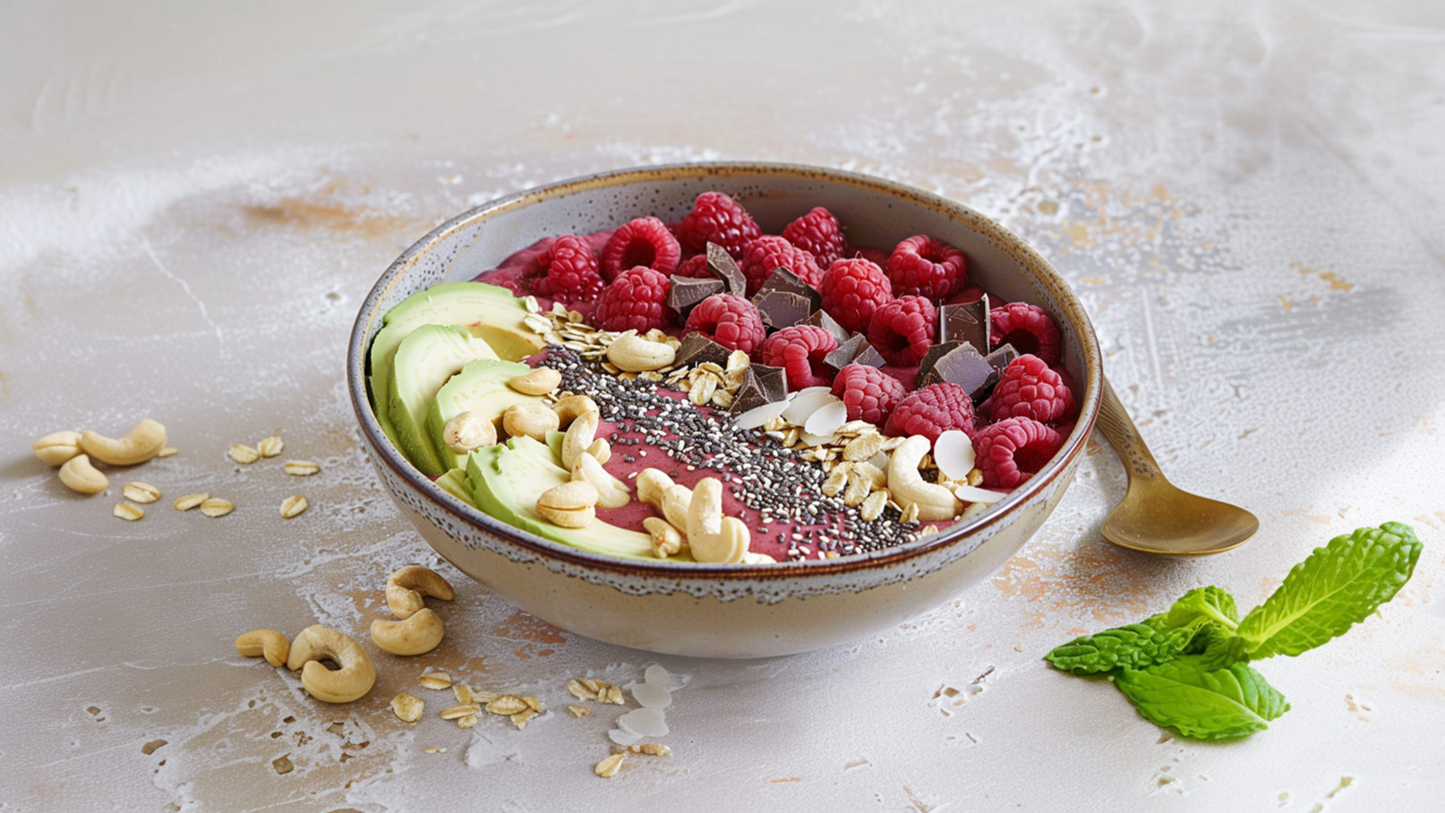 Eine Schüssel mit cremigem, rosafarbenem Joghurt, garniert mit frischen Himbeeren, Heidelbeeren und Chiasamen. Rund um die Schüssel liegen einige Himbeeren. Das Gericht vermittelt einen frischen, gesunden Eindruck.