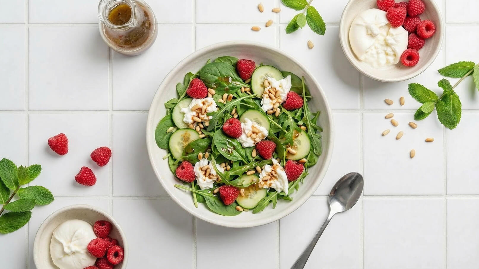 Eine Schüssel mit frischem Spinat-Salat, garniert mit Gurkenscheiben, Himbeeren, Pinienkernen und weißen Quarklöffeln. Daneben befinden sich weitere Himbeeren und Minzblätter. Ein kleines Gefäß mit Dressing steht ebenfalls in der Nähe.