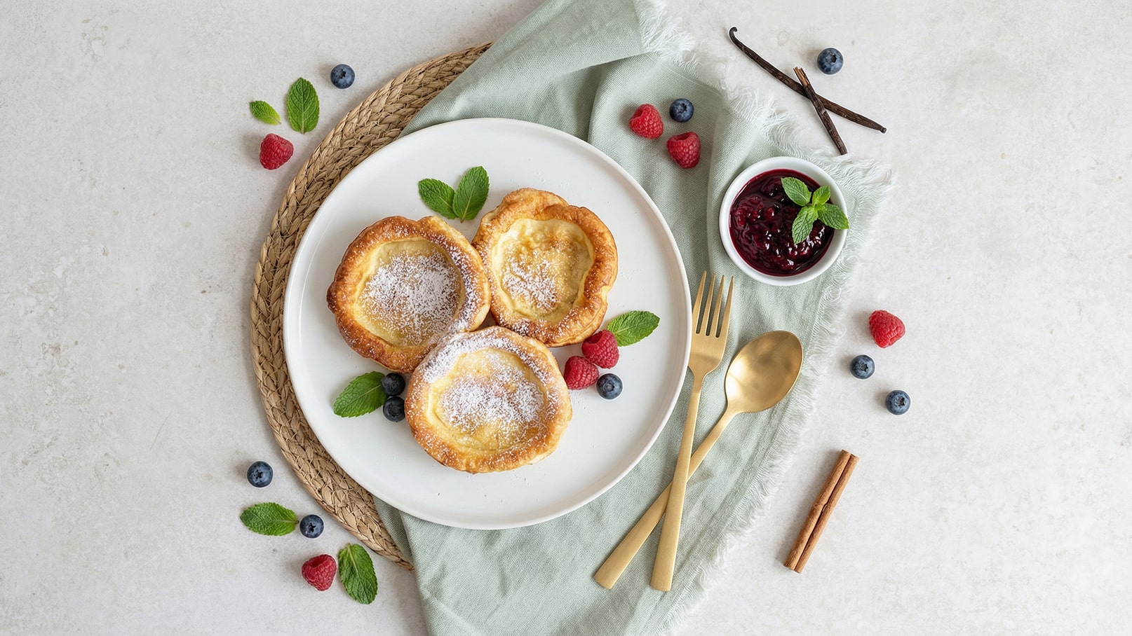 Ein Teller mit drei goldbraunen, pudrig zuckerbestäubten Dessertstücken, umgeben von frischen Himbeeren, Heidelbeeren und Minzblättern. Daneben ein kleines Schälchen mit roter Marmelade und goldenen Besteckteilen auf einer grünen Serviette.