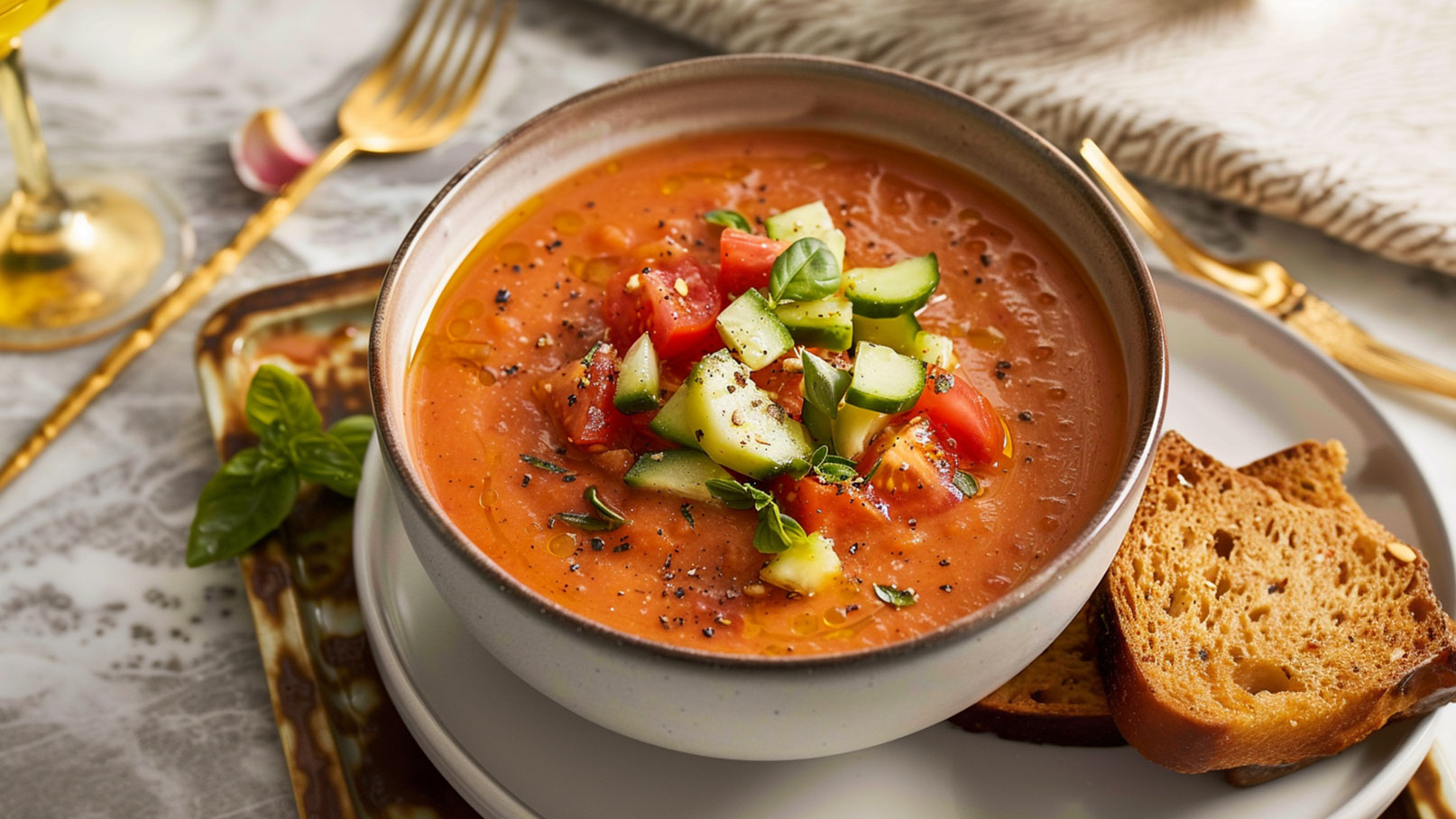 Eine Schüssel Tomatensuppe ist mit frischen, gewürfelten Tomaten und Gurken garniert. Darüber sind Kräuter und Pfeffer gestreut. Neben der Schüssel liegt ein Stück Brot. Der Hintergrund zeigt einen eleganten Tischdeck mit Besteck und einem Glas Getränk.