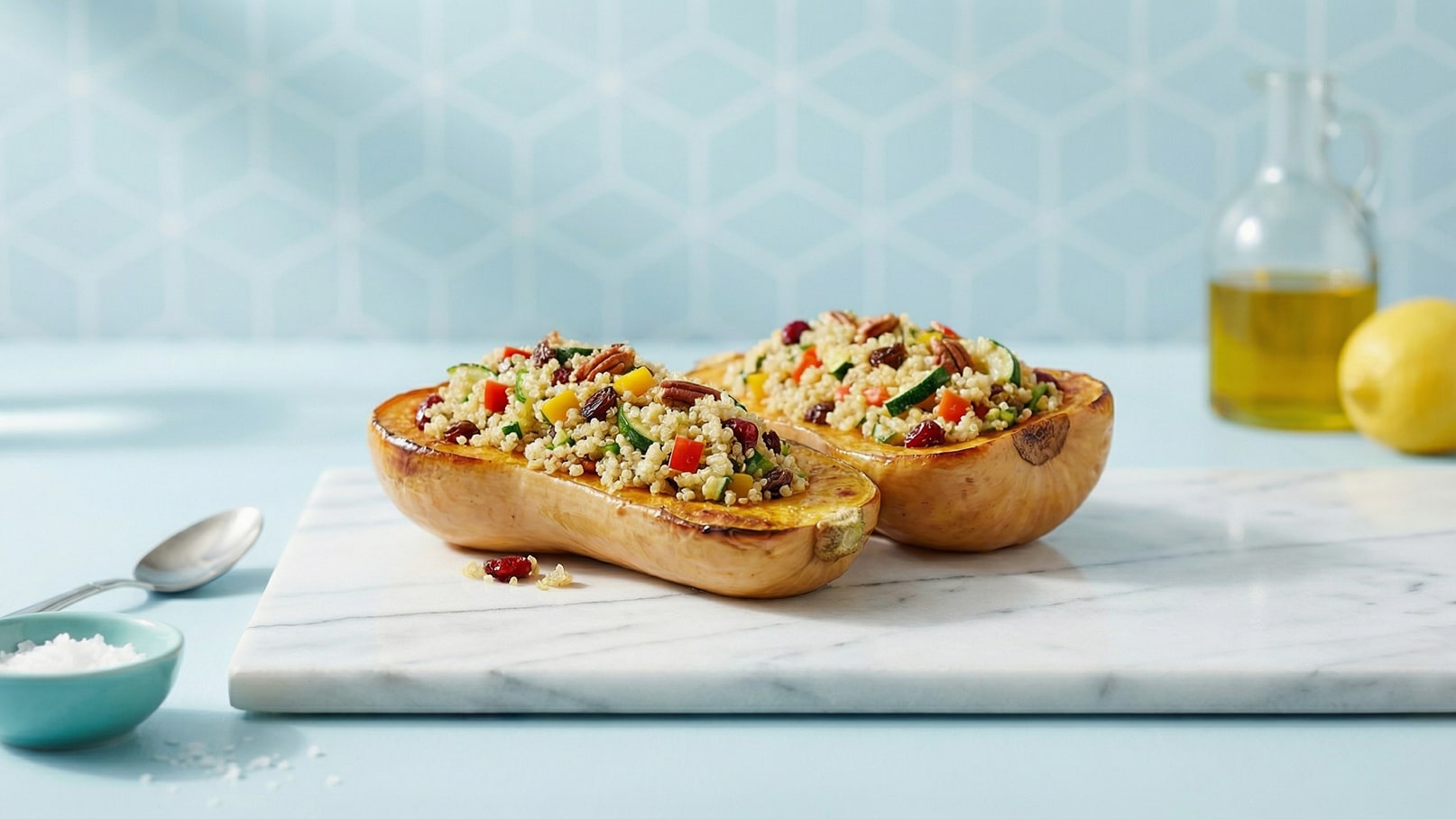 Ein Teller mit zwei halbierten, gebackenen Butternüssen, gefüllt mit Couscous, Gemüse und Nüssen. Im Hintergrund befinden sich ein Glas mit Olivenöl und eine Zitrone. Der Untergrund ist eine helle Marmorplatte.