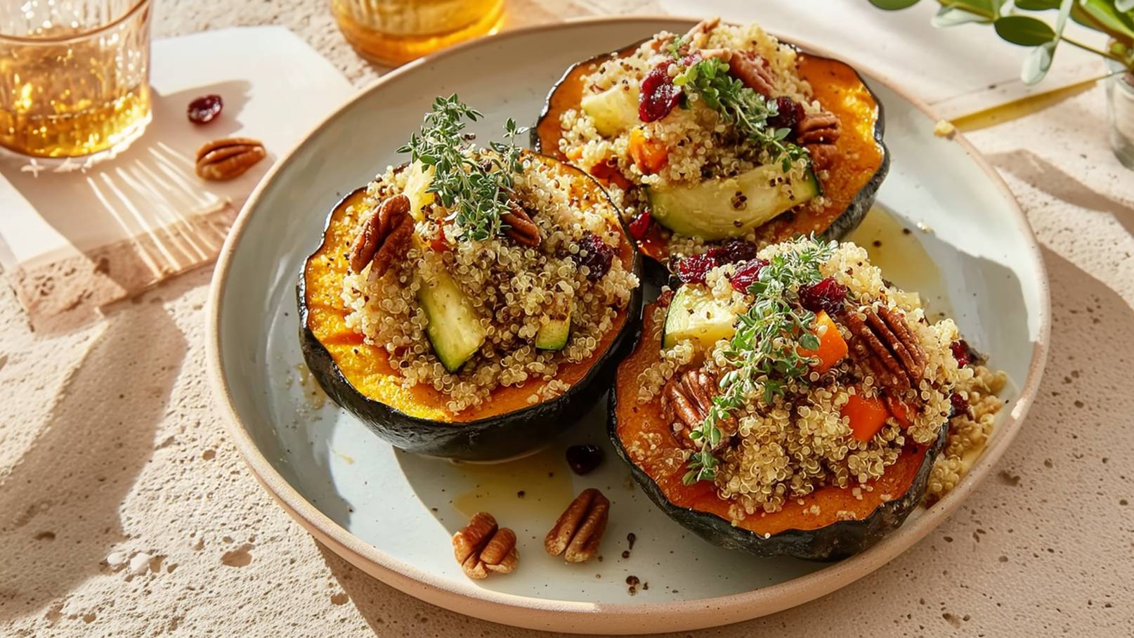 Drei halbierte Kürbisse sind gefüllt mit einer bunten Mischung aus Quinoa, Zucchini, Karotten, Cranberries und Pecannüssen. Die Füllung ist mit frischen Kräutern garniert. Die Kürbisse sind auf einem hellen Teller angeordnet und strahlen eine appetitliche Wärme aus.
