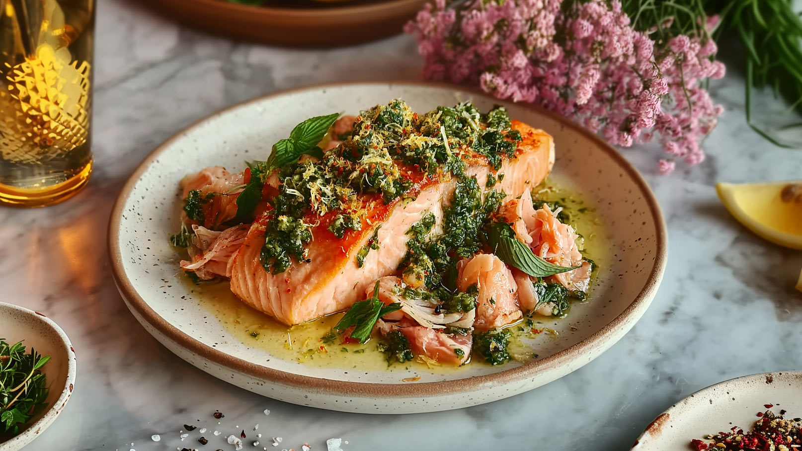 Ein Teller mit gebratenem Lachs, der mit einer grünen Kräuter-Sauce übergossen ist. Die Portion ist großzügig und enthält frische Minzblätter zur Dekoration. Im Hintergrund sind blühende Kräuter und ein Glas Getränk zu sehen.