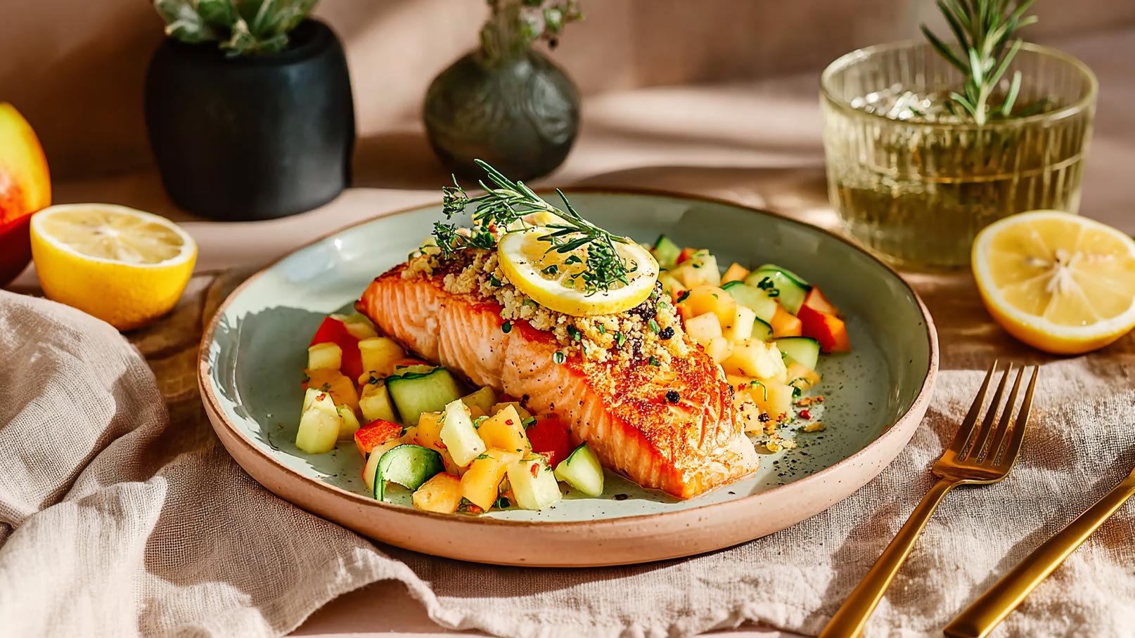 Ein Teller mit gebratenem Lachs, der mit einer Zitronenscheibe und Kräutern garniert ist. Um den Fisch herum liegt eine bunte Mischung aus gewürfeltem Obst und Gemüse. Rechts befindet sich ein Glas Wasser und eine halbe Zitrone.