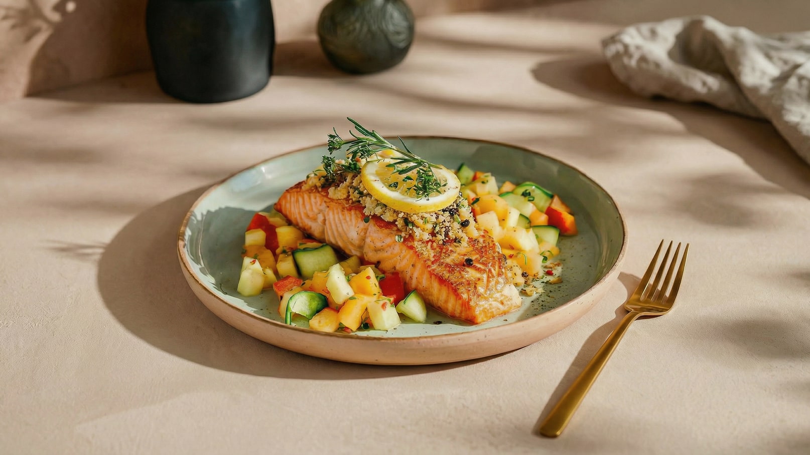 Ein Teller mit gebratenem Lachs, garniert mit einem Stück Zitrone und frischen Kräutern, liegt auf einem hellen Tisch. Rund um den Lachs sind bunte Gemüsewürfel aus Zucchini und Paprika angerichtet. Eine goldene Gabel steht daneben.