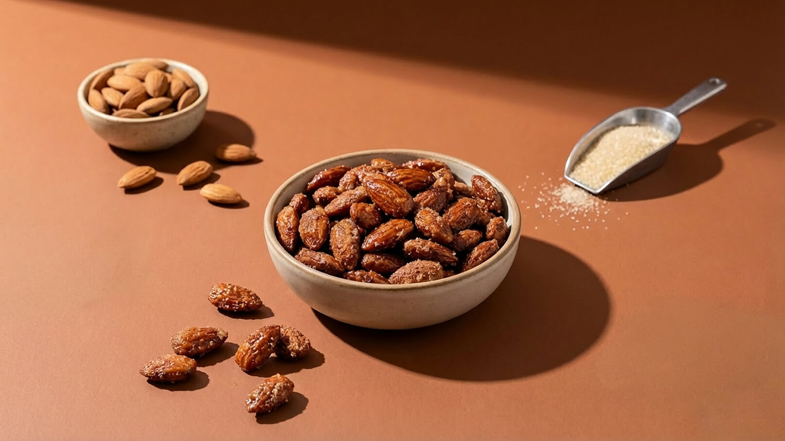Eine Schüssel mit karamellisierten Mandeln steht auf einem braunen Untergrund. Neben ihr liegt eine weitere Schüssel mit ungeschälten Mandeln und ein Messlöffel mit Zucker. Einige karamellisierte Mandeln sind verstreut auf dem Untergrund.