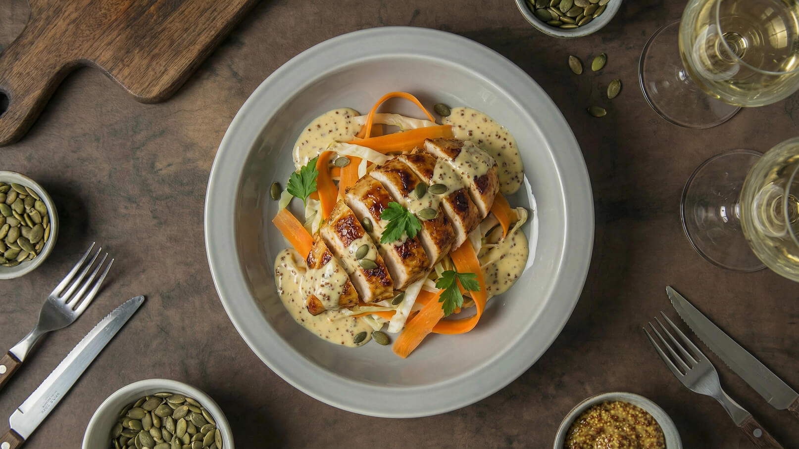 Ein Teller mit gebratenem Hähnchenfilet, das in Scheiben geschnitten ist, liegt auf einem Bett aus Karotten- und Kohlstreifen. Das Gericht ist mit einer cremigen Senfsauce überzogen und mit Kürbiskernen sowie frischer Petersilie garniert.