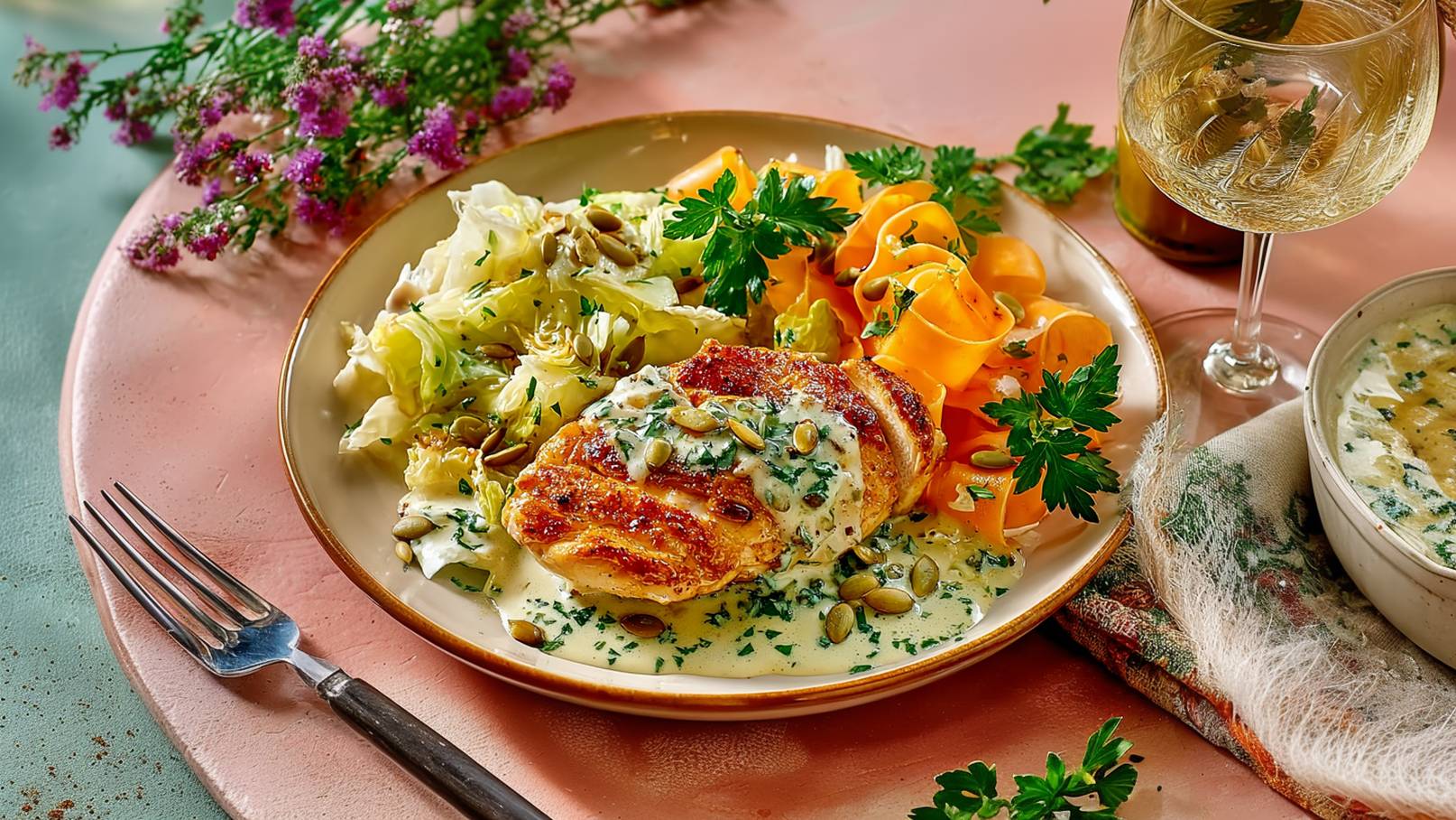 Auf dem Teller befindet sich ein gebratenes Stück Hähnchen, garniert mit einer Kräutersoße und Kürbiskernen. Daneben liegen Karottennudeln und ein frischer Salat. Ein Glas Weißwein und eine Schüssel mit einer cremigen Suppe ergänzen das ansprechende Gericht.