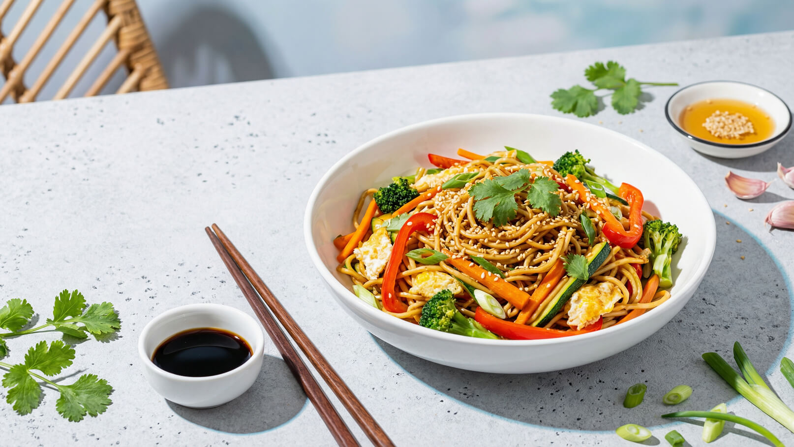 Eine weiße Schüssel enthält gebratene Nudeln mit buntem Gemüse, wie Brokkoli, Karotten und Paprika, garniert mit Koriander und Sesam. Neben der Schüssel liegen Essstäbchen und eine kleine Schale mit Sojasauce. Der Hintergrund ist hell und unaufdringlich.