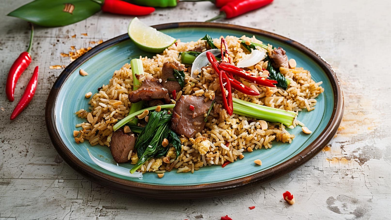 Ein Teller mit gebratenem Reis, garniert mit magerem Fleisch, Frühlingszwiebeln und Erdnüssen. Rote Chilischoten und ein Stück Limette liegen daneben. Die Farben und Zutaten deuten auf ein schmackhaftes, asiatisch inspiriertes Gericht hin.