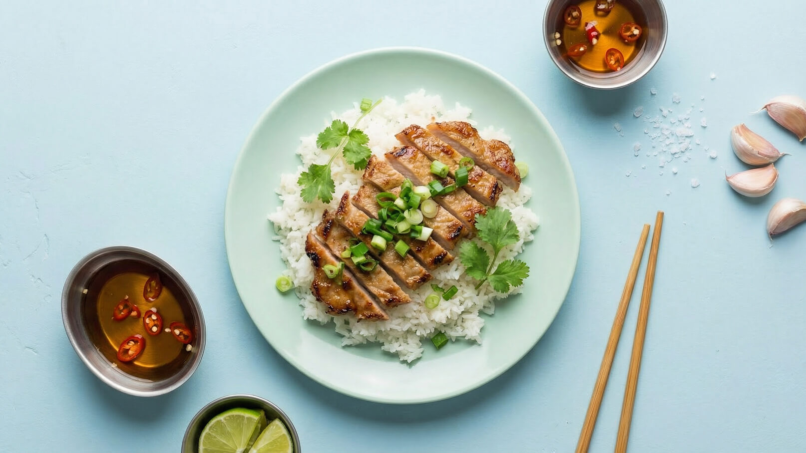 Ein Teller mit gedämpftem Reis und gegrilltem, in Streifen geschnittenem Hähnchen, garniert mit Frühlingszwiebeln und Koriander. Daneben befinden sich kleine Schalen mit einer würzigen Soße und Limettenscheiben. Holzstäbchen liegen bereit, um das Gericht zu genießen.