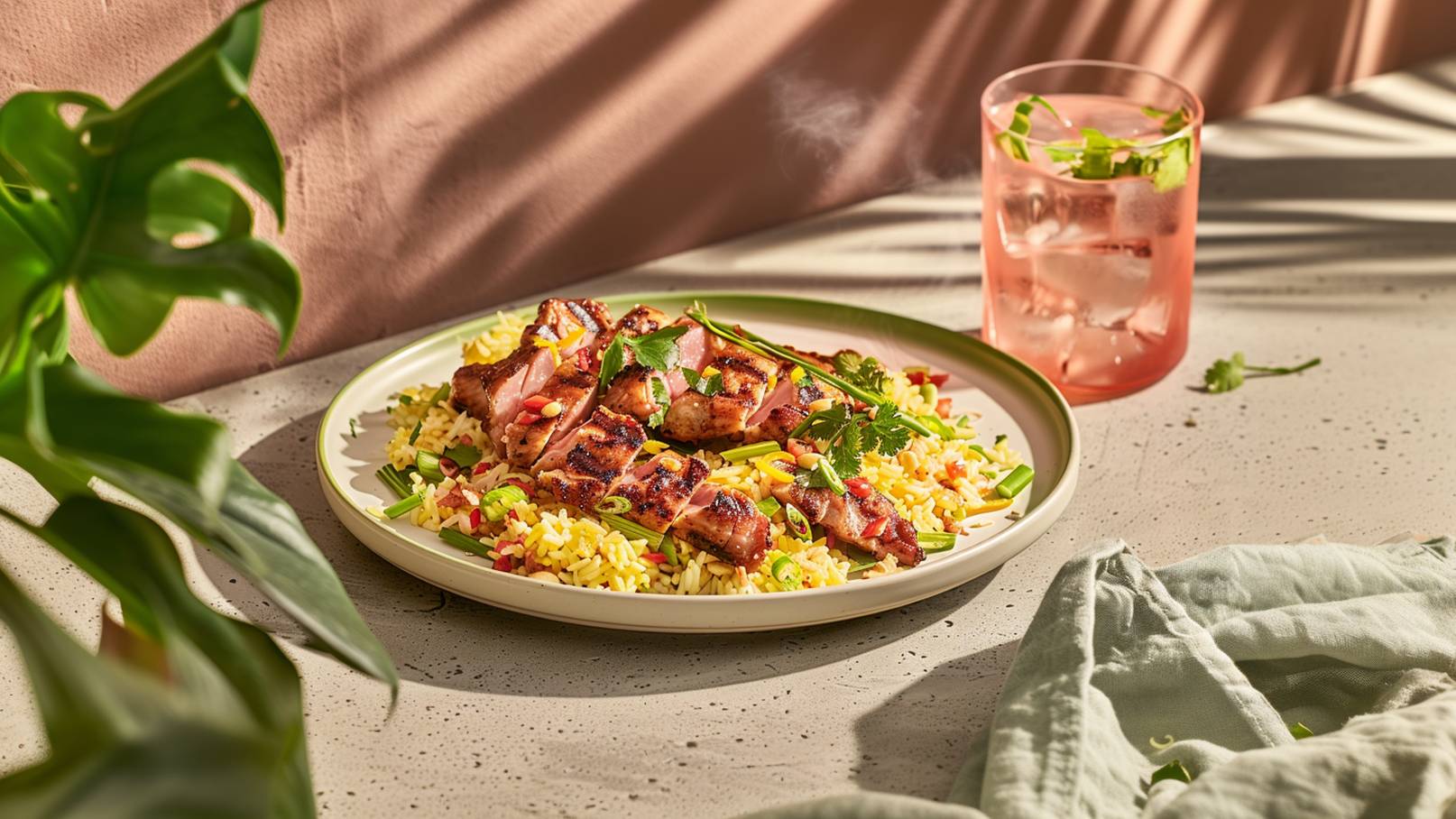 Ein Teller mit gegrilltem Fleisch, garniert mit frischen Kräutern, serviert mit einem Beilagen von lockerer Reis und halbierten, gegrillten Tomaten. Dazu gibt es einen kleinen Schälchen mit einer roten Soße.