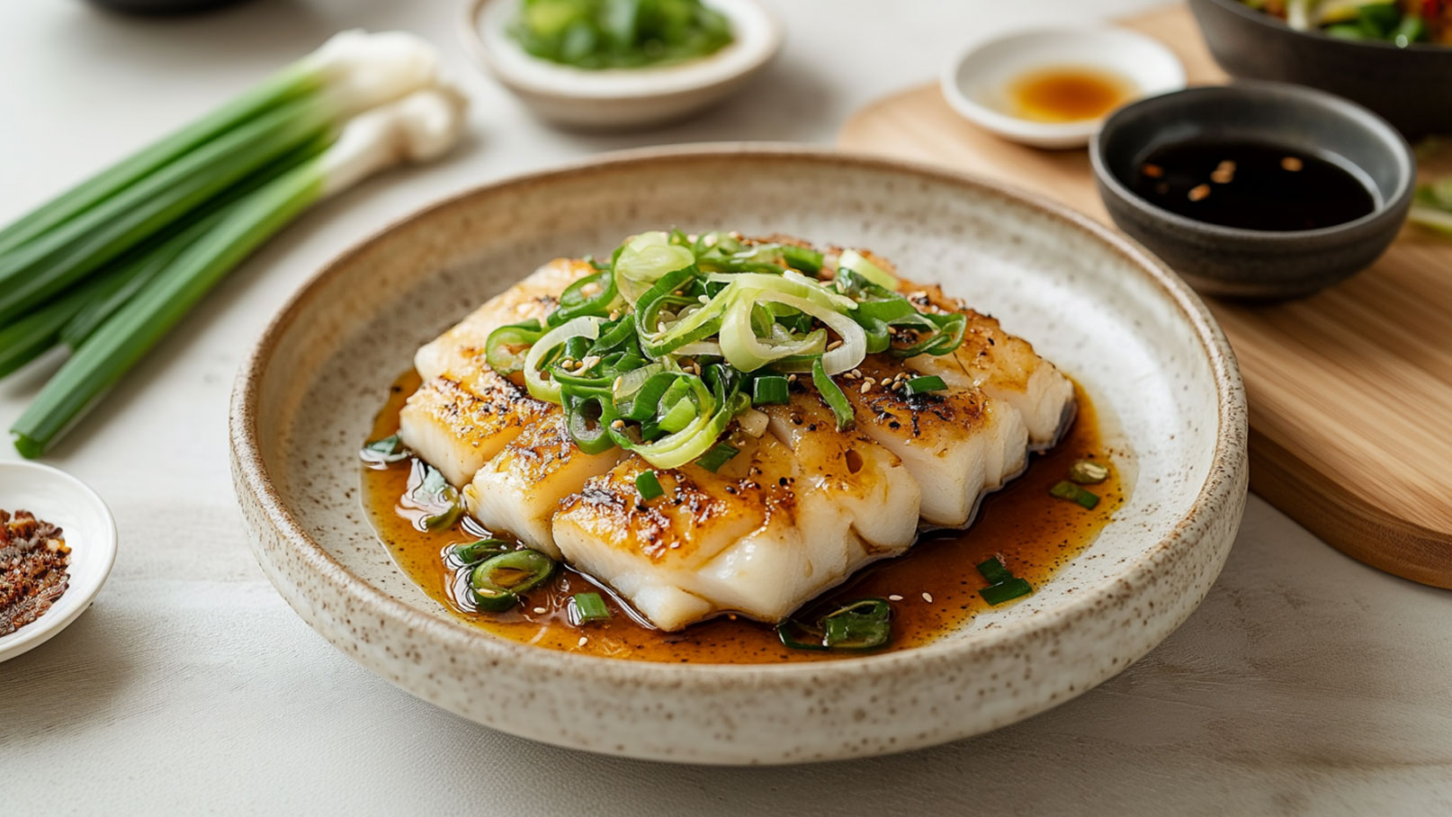 Ein Teller mit gebratenem Fischfilet, garniert mit frischen, grünen Zwiebeln und Sesam. Das Filet liegt in einer würzigen Soße, umgeben von kleinen Schalen mit weiteren Beilagen. Im Hintergrund sind frische Frühlingszwiebeln sichtbar.