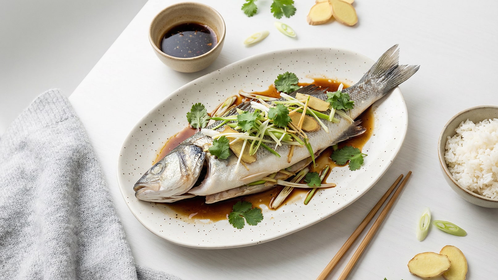 Ein frisch zubereiteter Fisch liegt auf einem weißen Teller. Er ist mit Ingwer, Frühlingszwiebeln und Koriander garniert und in einer dunklen Soße angerichtet. Daneben befindet sich eine Schüssel mit Reis und einige Scheiben Ingwer.