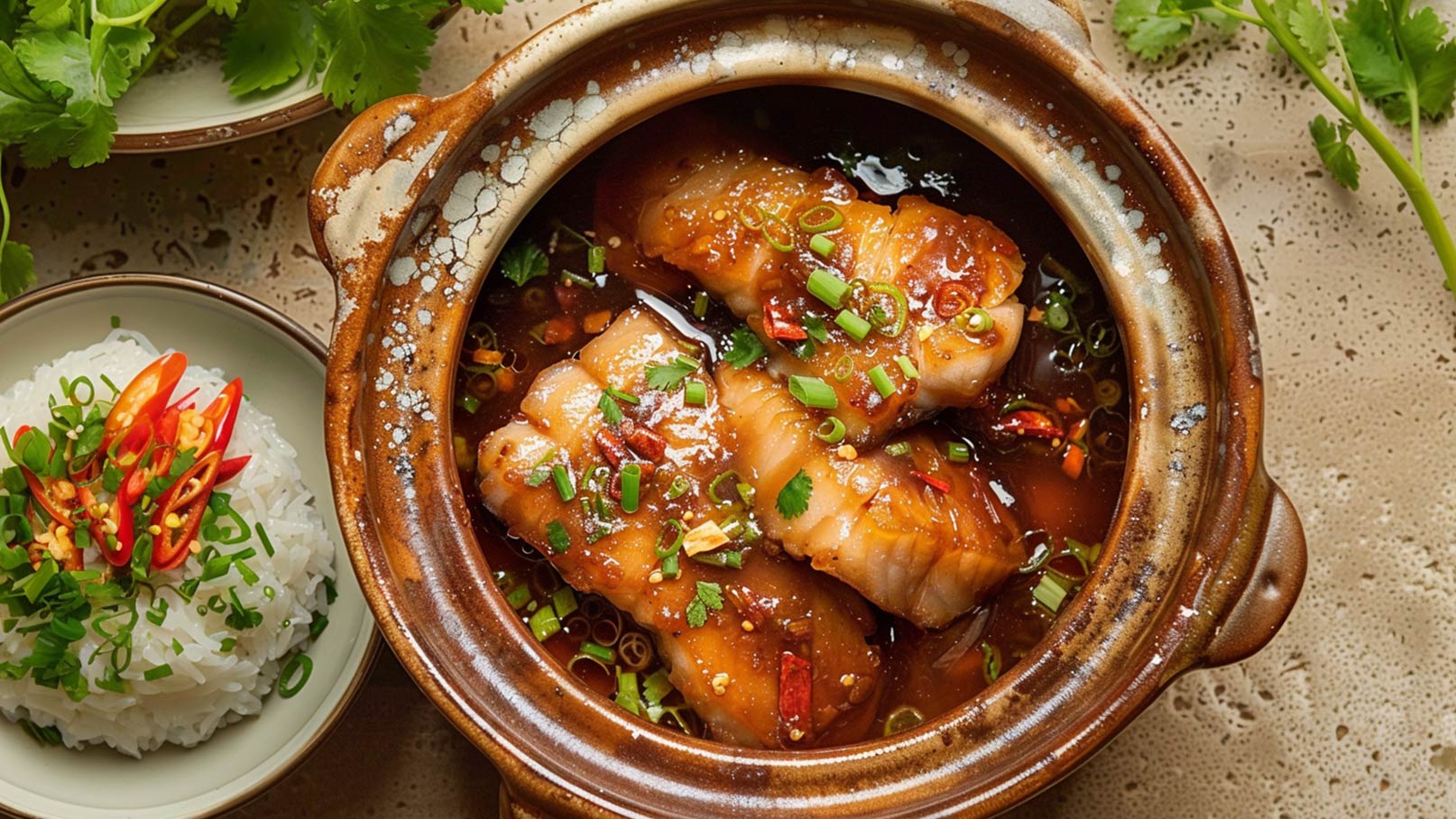Ein Tontopf enthält zarte Fischfilets in einer würzigen Sauce, garniert mit Frühlingszwiebeln und Chili. Neben dem Topf steht eine Schüssel mit duftendem, weißen Reis, verziert mit frischen Kräutern.