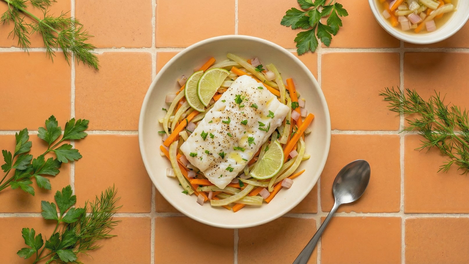 Ein Teller mit gedämpftem Fisch, umgeben von buntem Gemüse wie Karotten und Zucchini. Darauf liegen frische Limettenscheiben und gehackte Kräuter. Im Hintergrund ist eine kleine Schüssel mit einer weiteren Gemüsebeilage zu sehen. Der Untergrund ist eine orange-fliese Oberfläche.