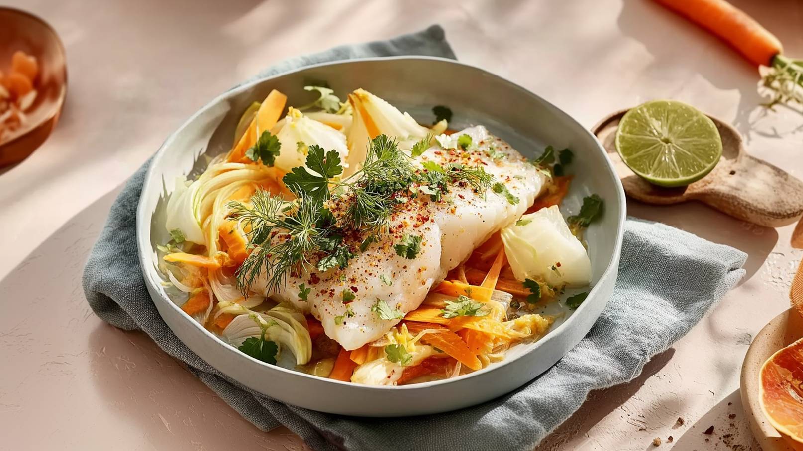 Ein Teller mit gedämpftem Fisch, garniert mit frischen Kräutern und Gewürzen, liegt auf einem Bett aus buntem Gemüse wie Karotten und Kohl. Die Mahlzeit ist ansprechend angerichtet und vermittelt eine gesunde, frische Optik.