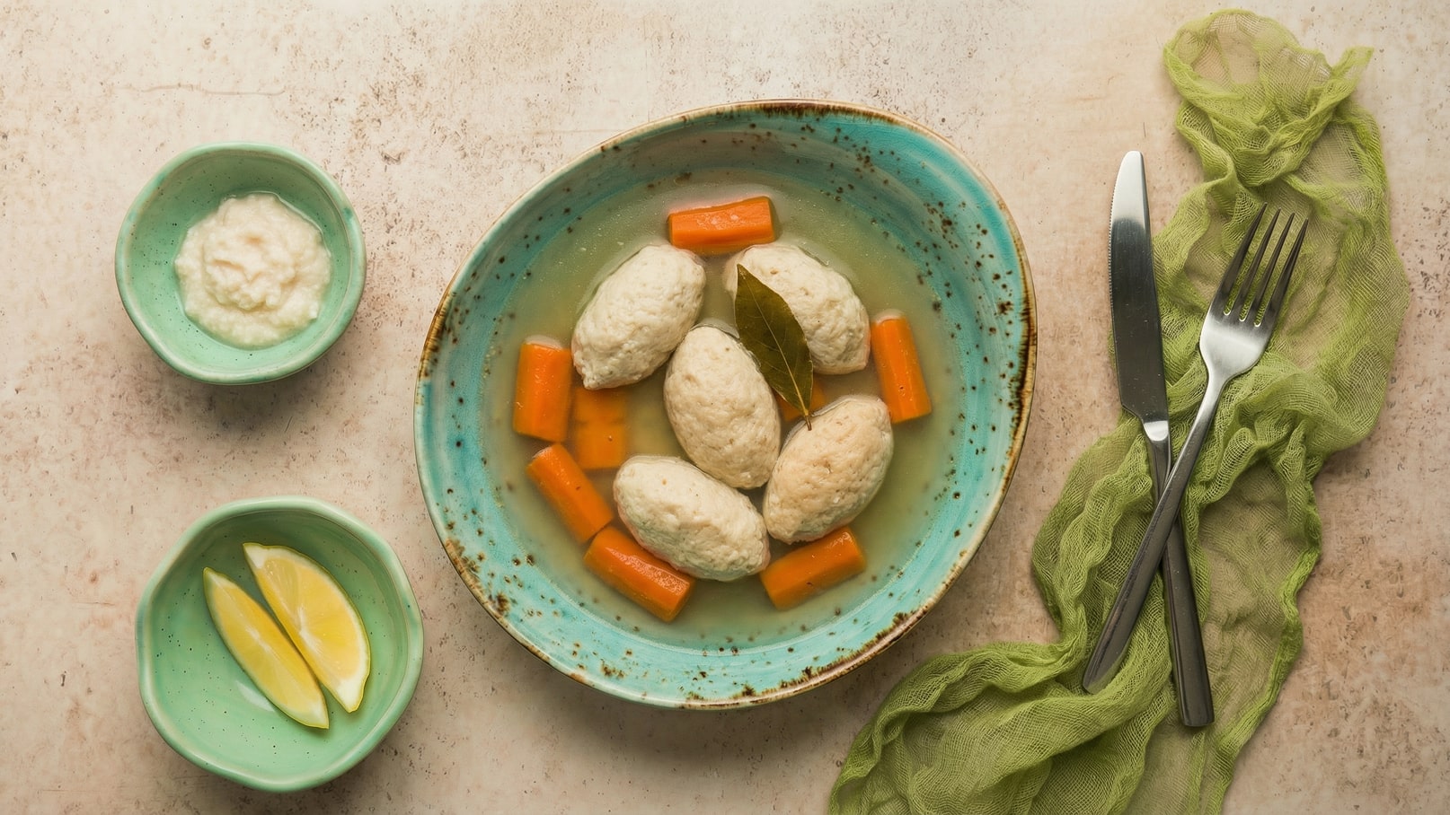 Eine turquoise Schale enthält wohltuende Brühe mit mehreren gedämpften Klößen und Karottenstücken. Neben der Schale befinden sich zwei kleine Schalen mit einer cremigen Sauce und Zitronenschnitzen. Ein Besteckset aus Messer und Gabel liegt auf einem grünen Stoff.