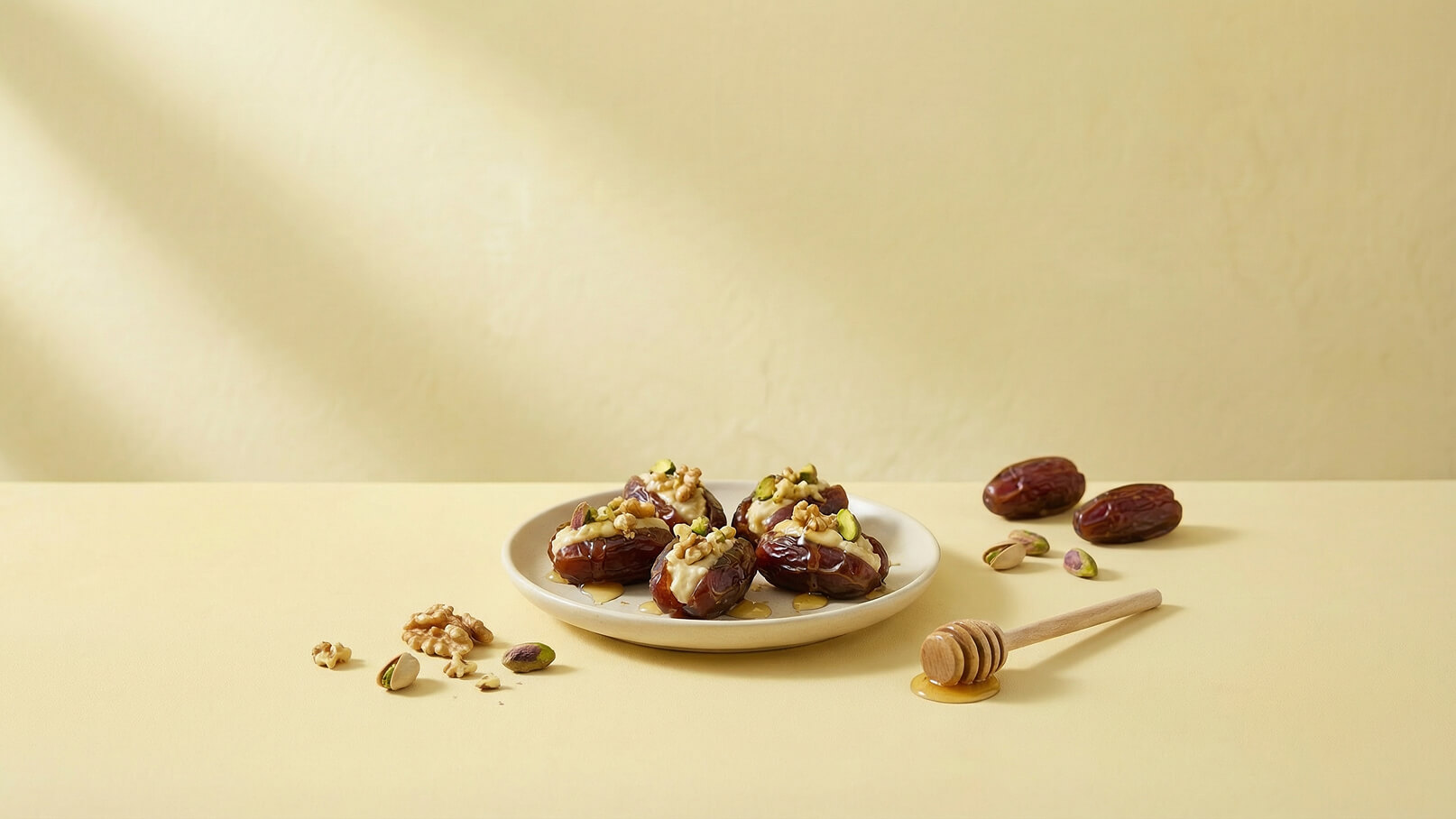 Auf einem hellen Tisch liegt ein Teller mit gefüllten Datteln, die mit Walnüssen und Pistazien dekoriert sind. Daneben befinden sich einige ungeschälte Nüsse und ein kleiner Holzlöffel mit Honig. Der Hintergrund ist sanft und einfarbig.